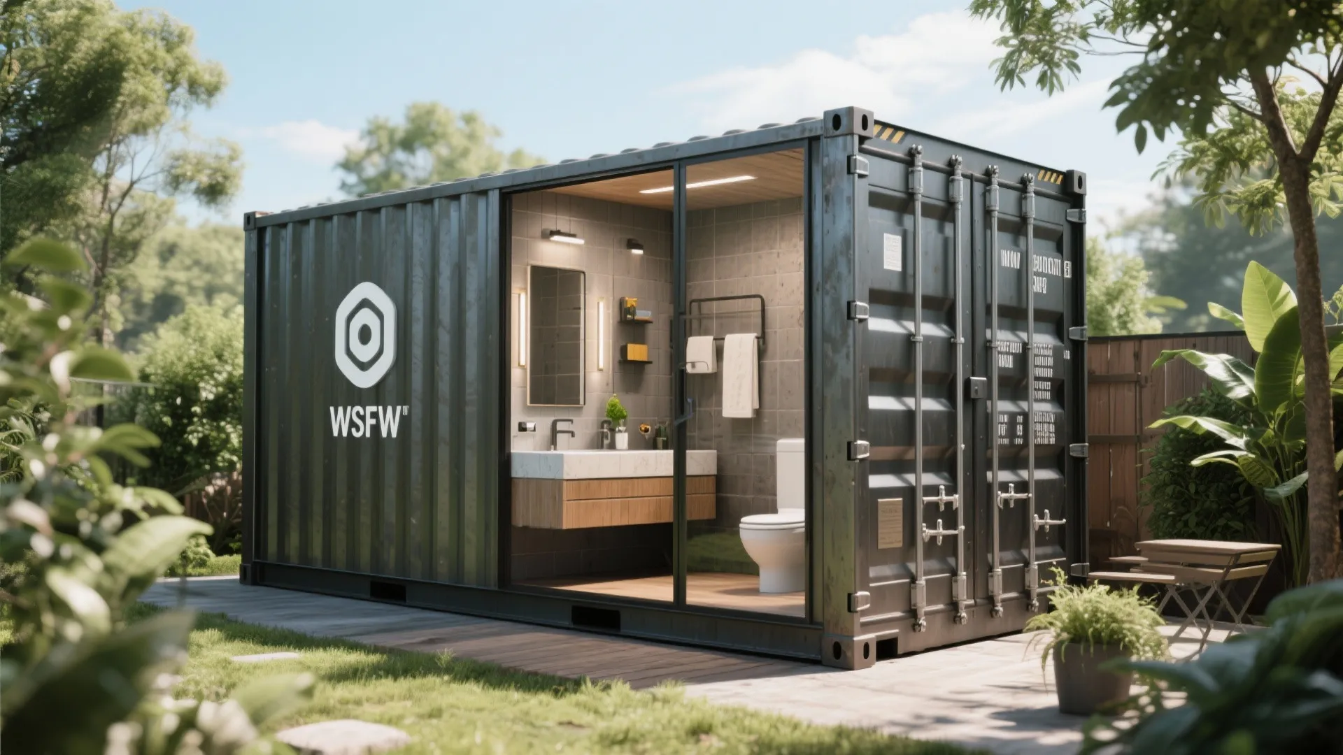 Modern bathroom design inside a dark shipping container with glass doors and a green garden