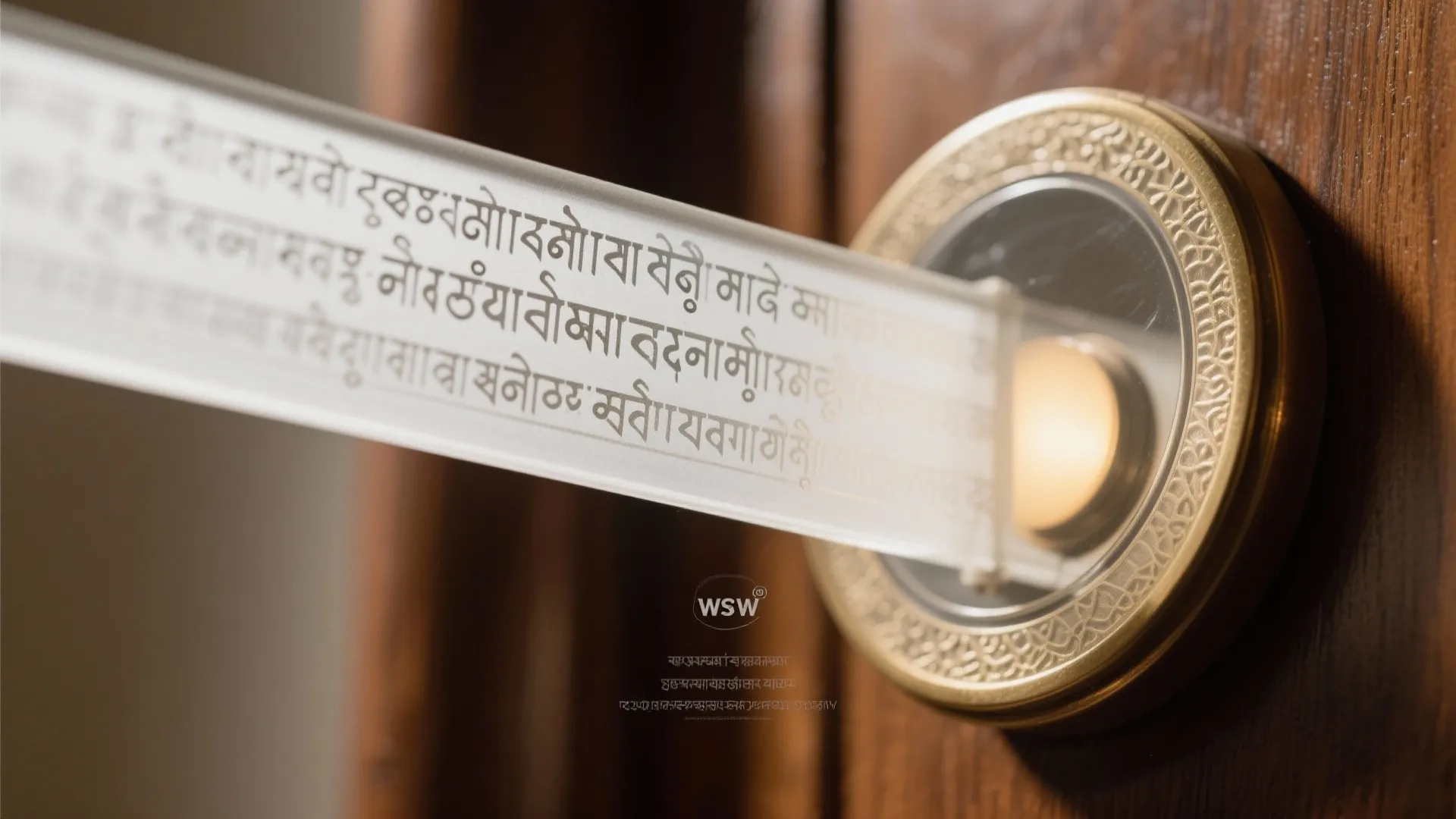 Close up of glass band with written text installed on a wooden door with light