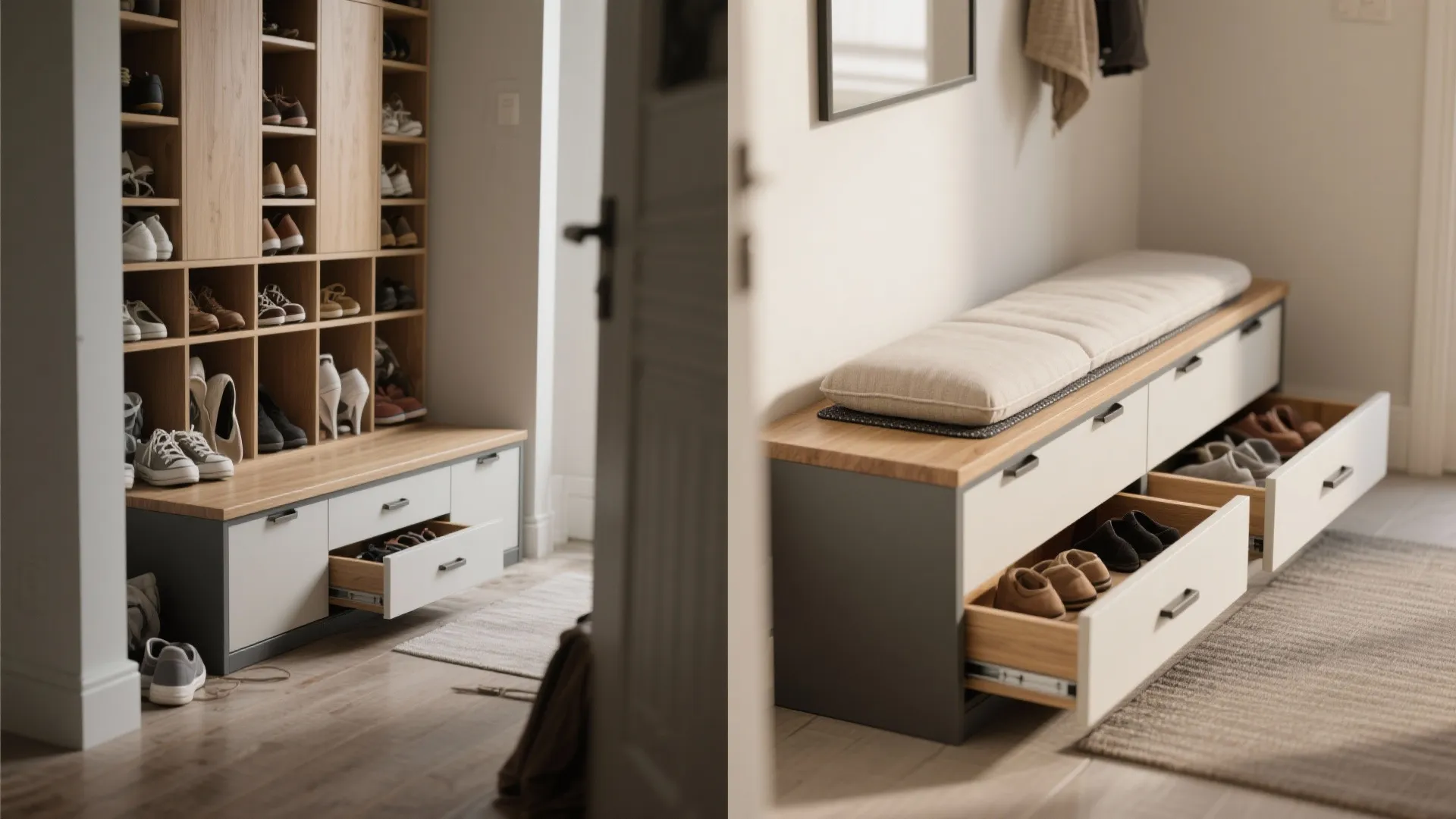 Shallow storage bench with pull-out shoe drawers