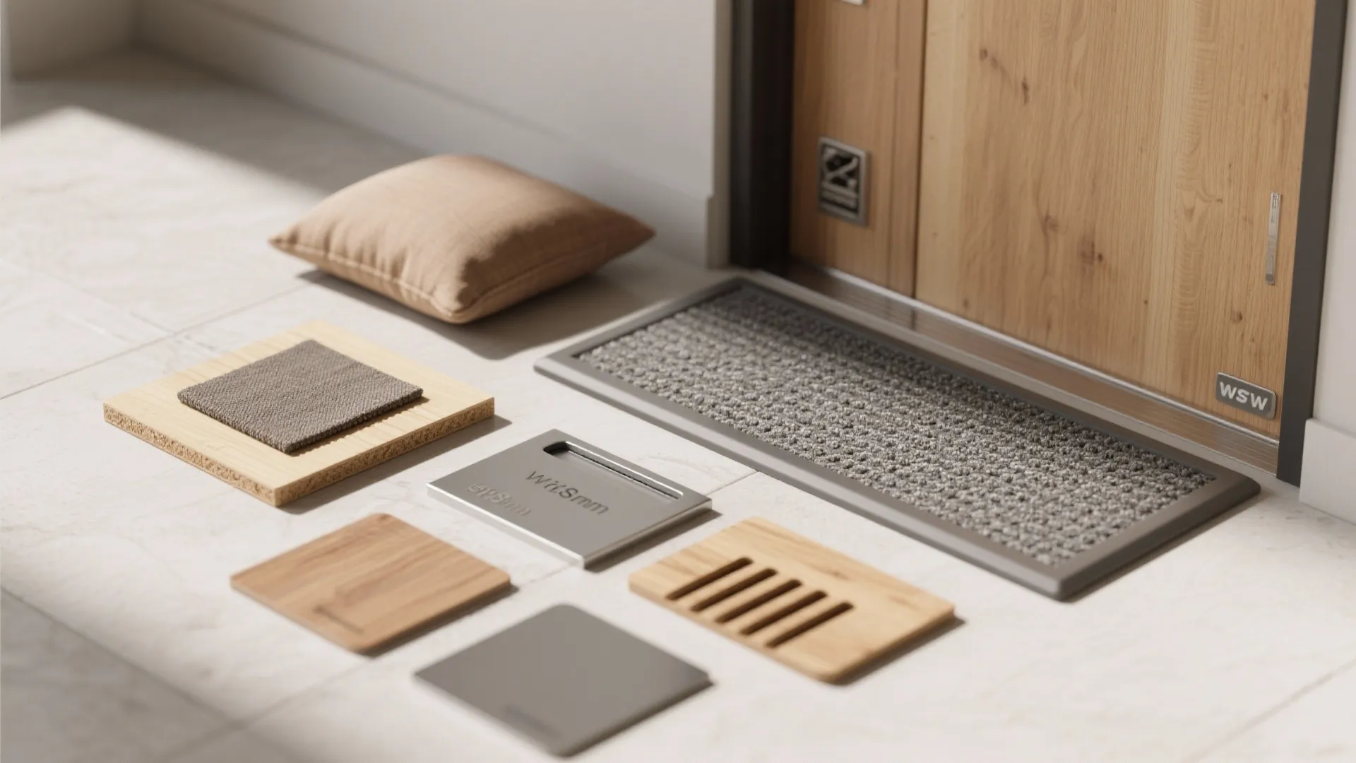 Flatlay of entryway materials and DIY items: plywood sample, fabric swatch, non-slip strips, and ventilation slot example.