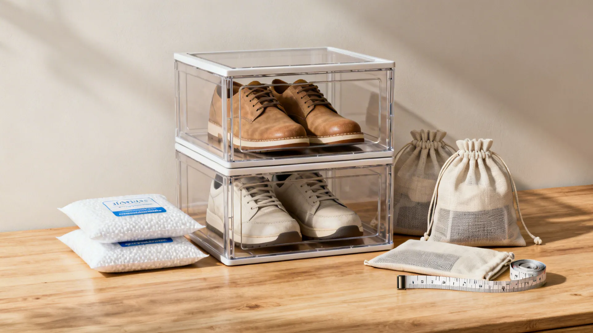 Flatlay of shoe-care items, clear storage boxes and moisture absorbers on wood.