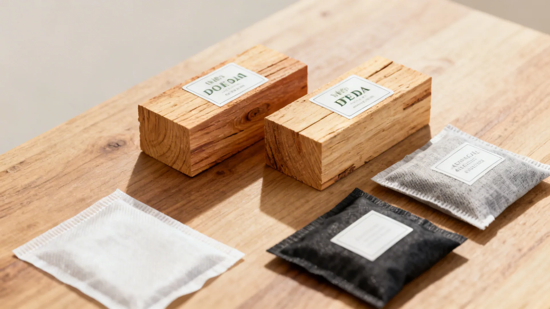 Cedar blocks, charcoal sachets and breathable liners arranged for shoe storage odor control.