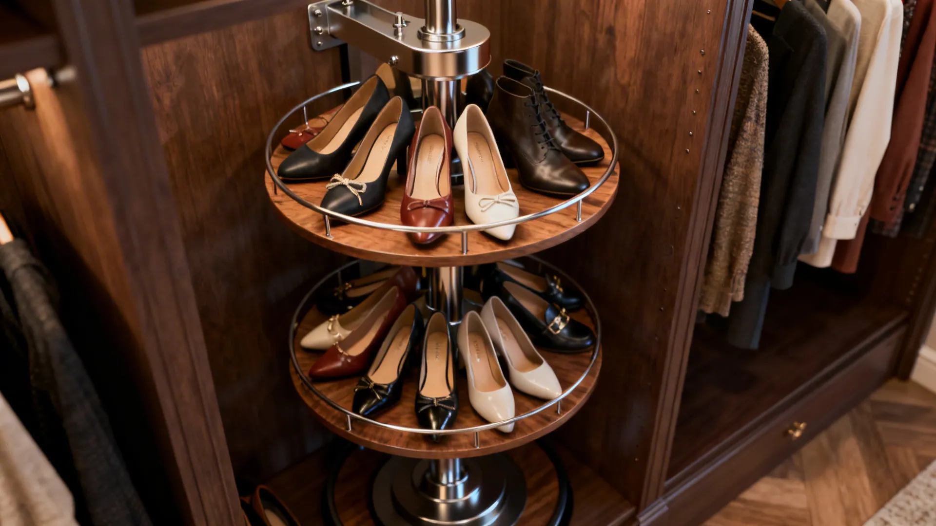 Compact vertical rotating shoe carousel showcasing multiple pairs in a closet corner.