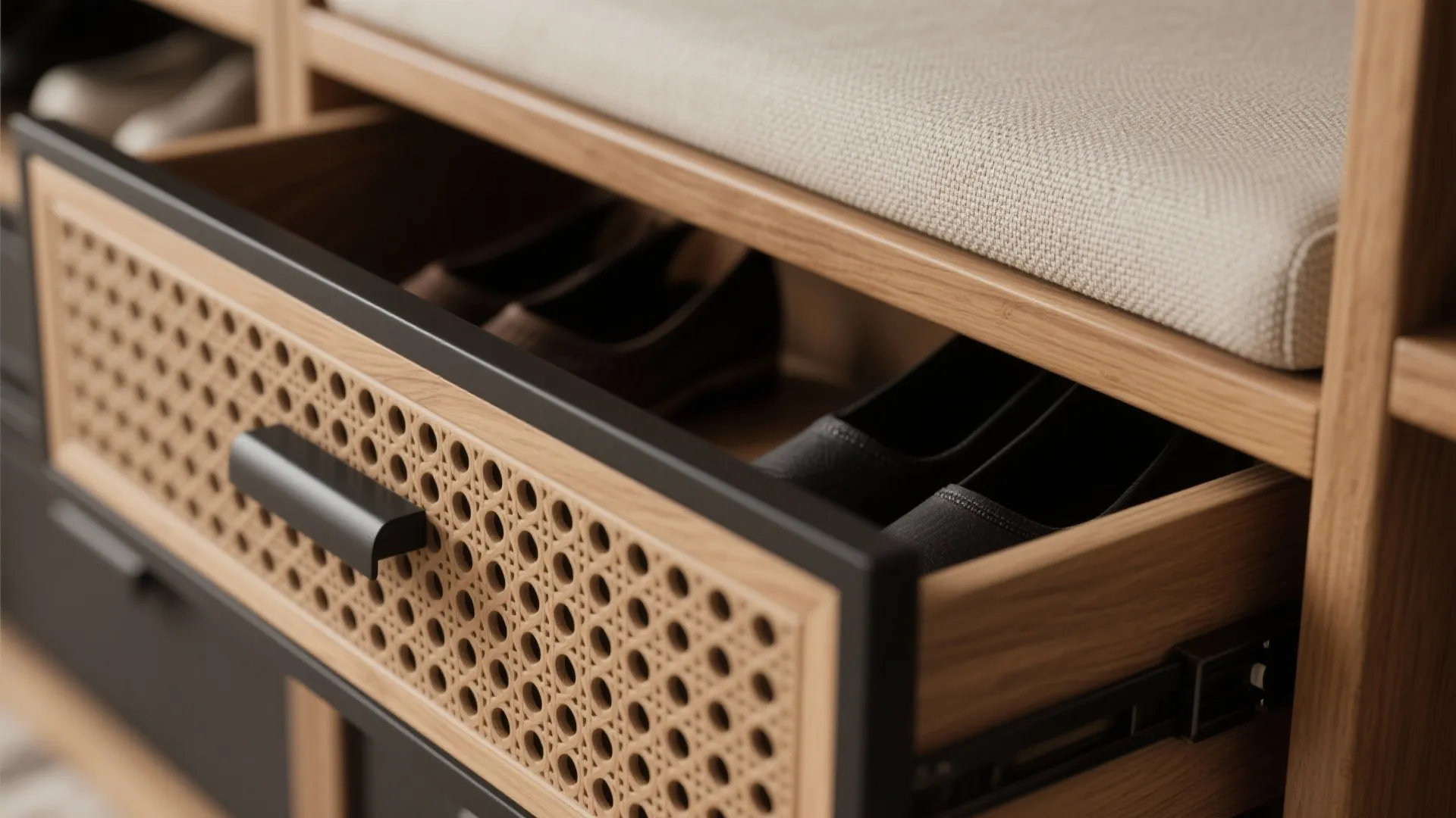 Macro of an oak veneer shoe drawer with perforations and a soft bench cushion.