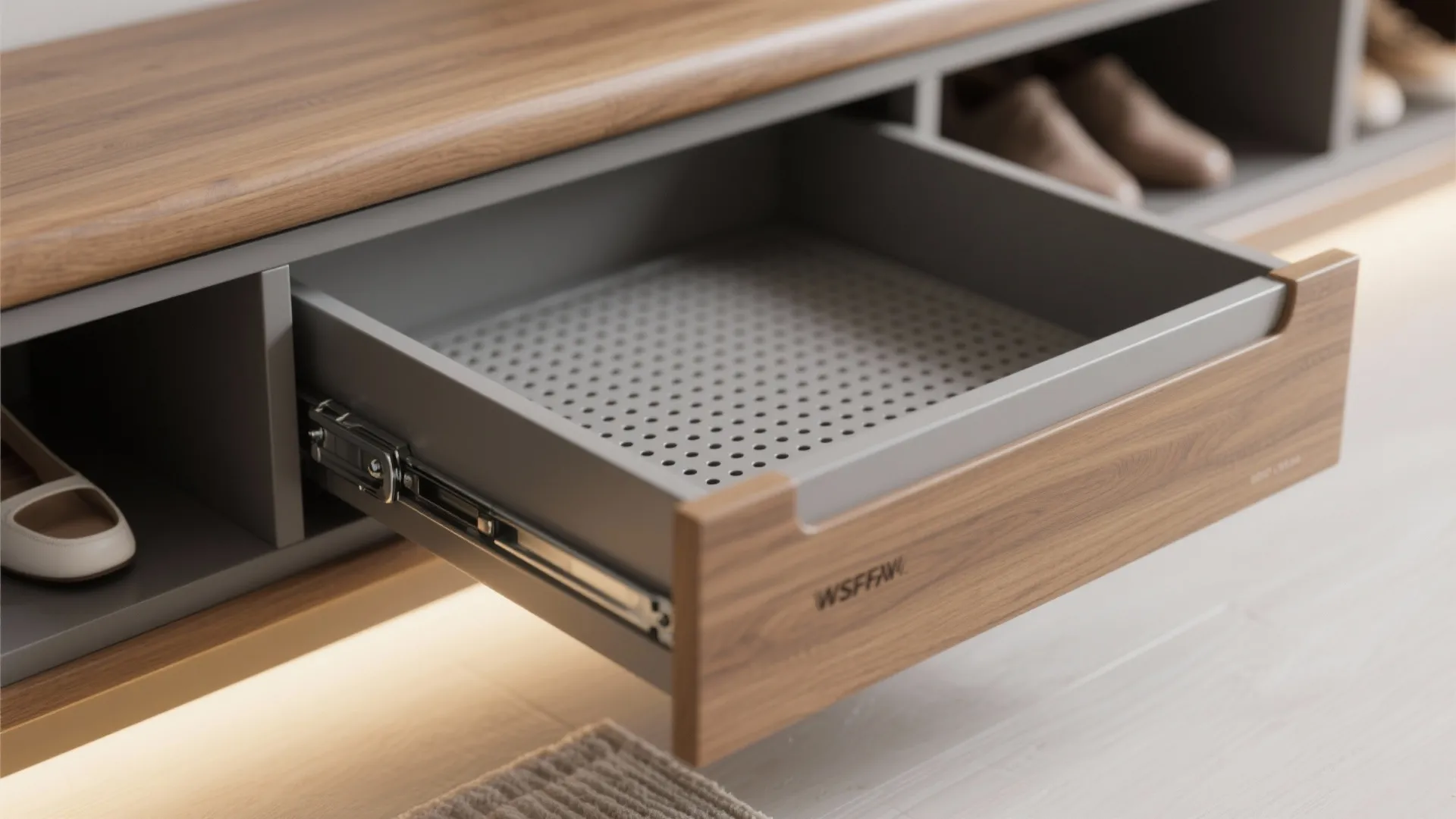 Mudroom hybrid: bench, shoe drawers, and tall utility