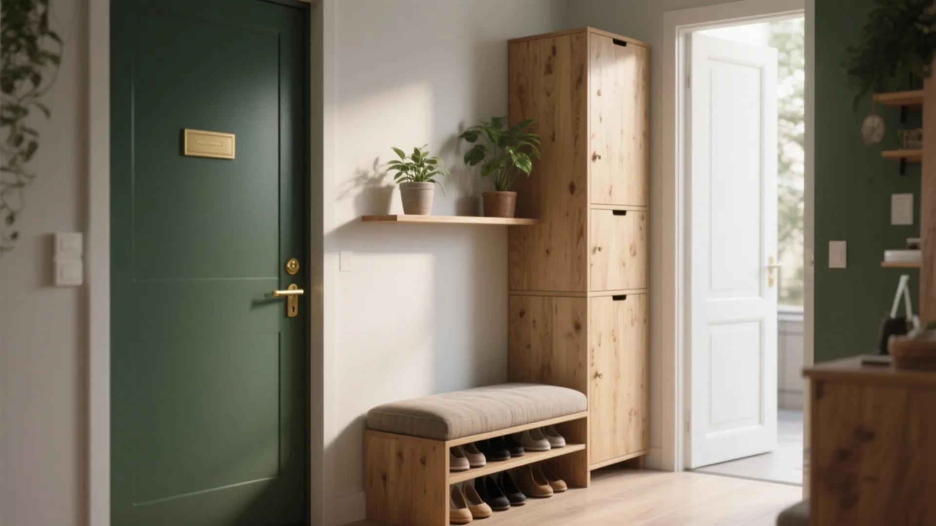 Green front door next to a wooden tall cabinet and shoe bench with small green plants
