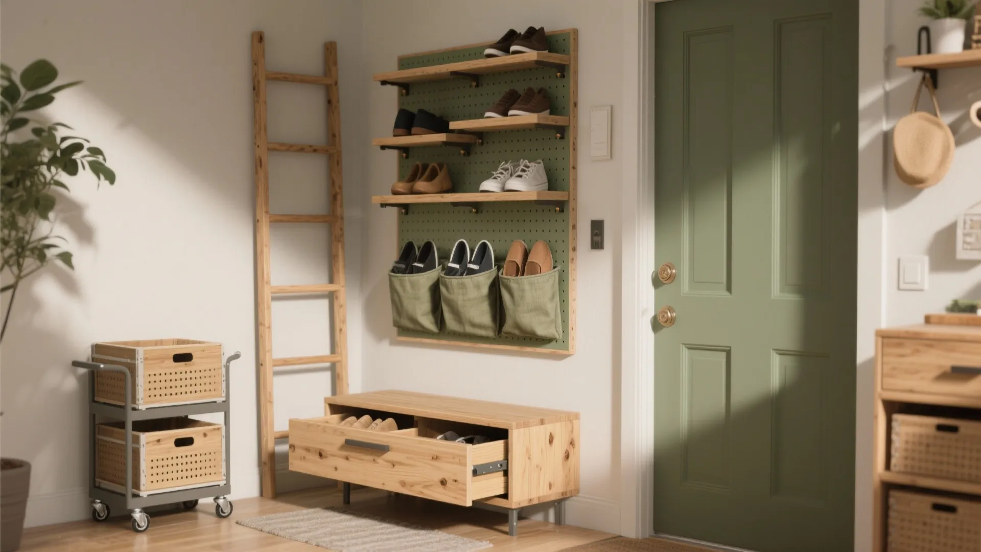 Entryway with green door featuring wooden shoe cabinet ladder and wall pegboard for organized storage