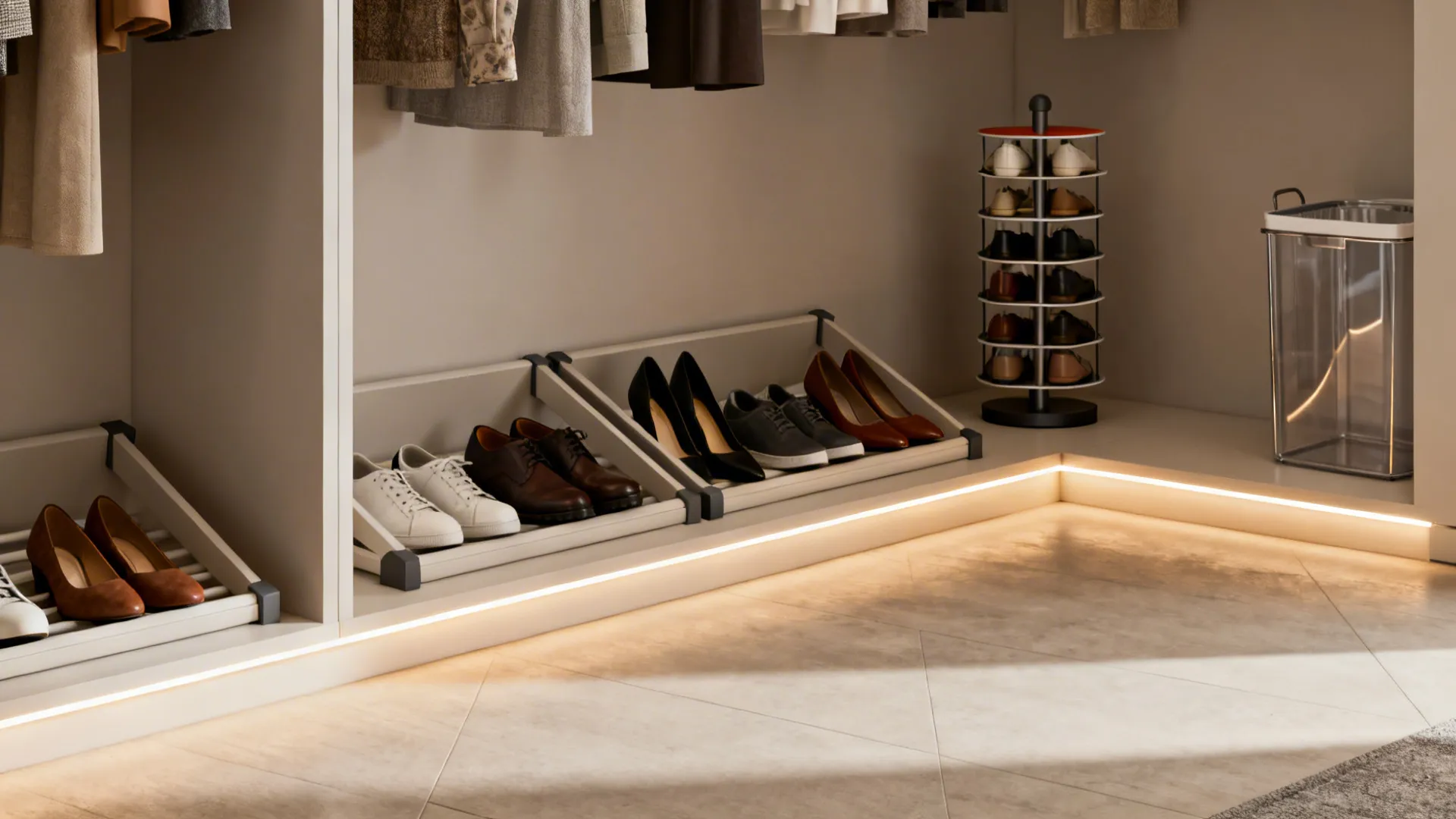 Low-profile angled shoe racks and a rotating shoe tower at the base of a reach-in closet