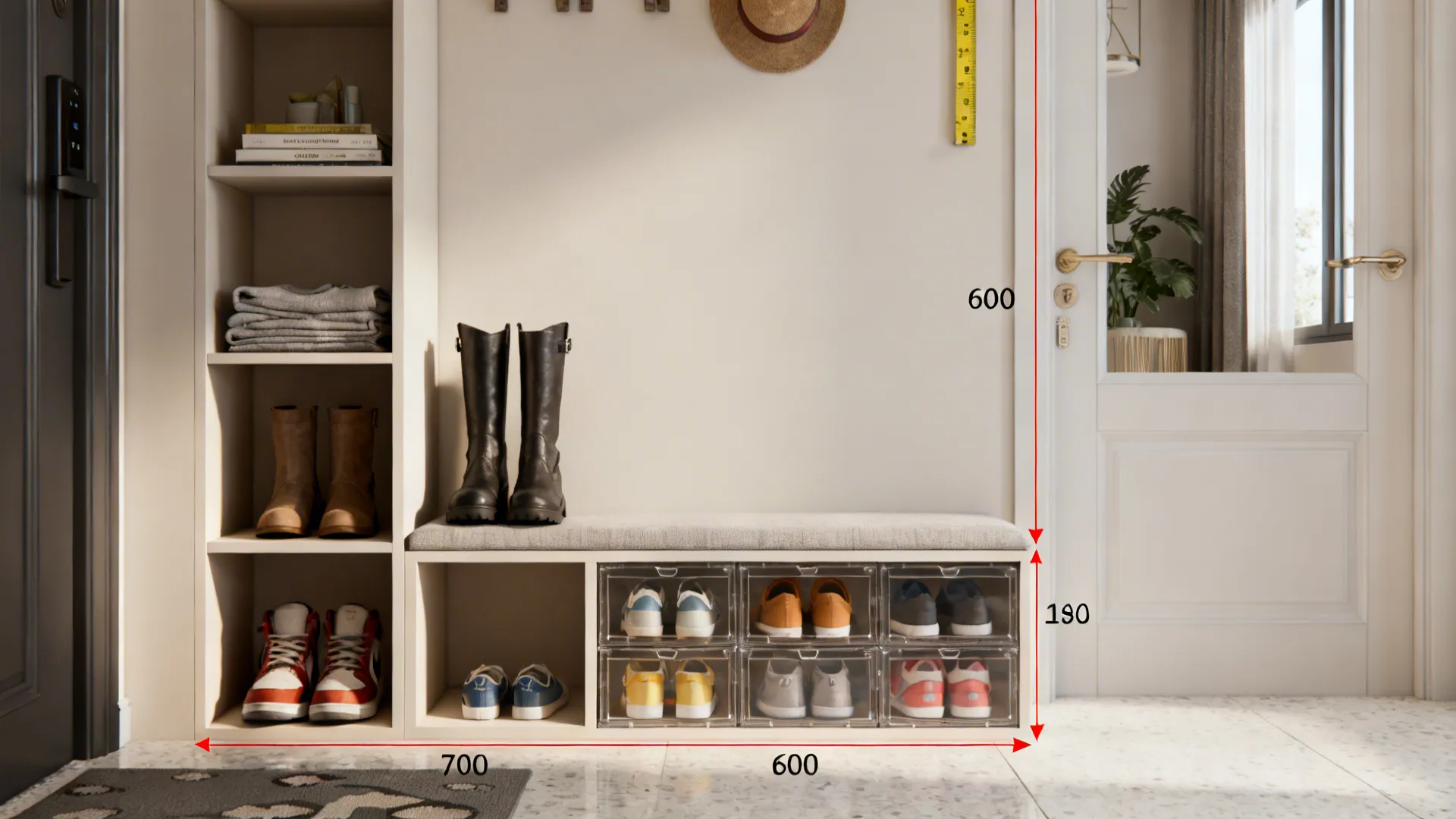 Collage of shoe storage options including vertical shelves, boot cubby, kids' cubbies and clear boxes with measurement cues
