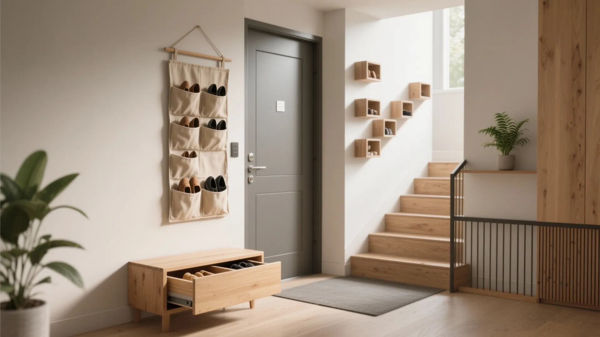 Modern entryway featuring hanging wall pockets wooden bench and wall boxes for organized shoe storage
