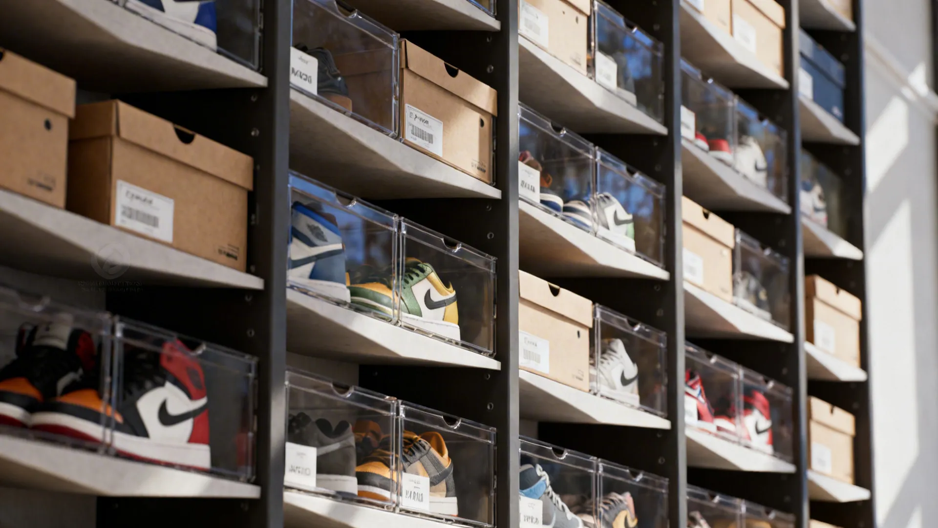 Vertical shoe storage shelves displaying many sneakers inside clear plastic containers and brown cardboard boxes