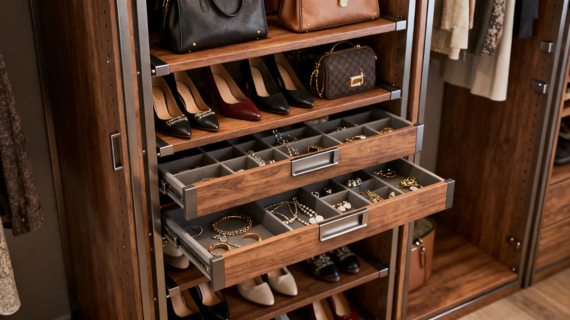Vertical shoe tower with adjustable shelves and pull-out trays storing shoes and accessories