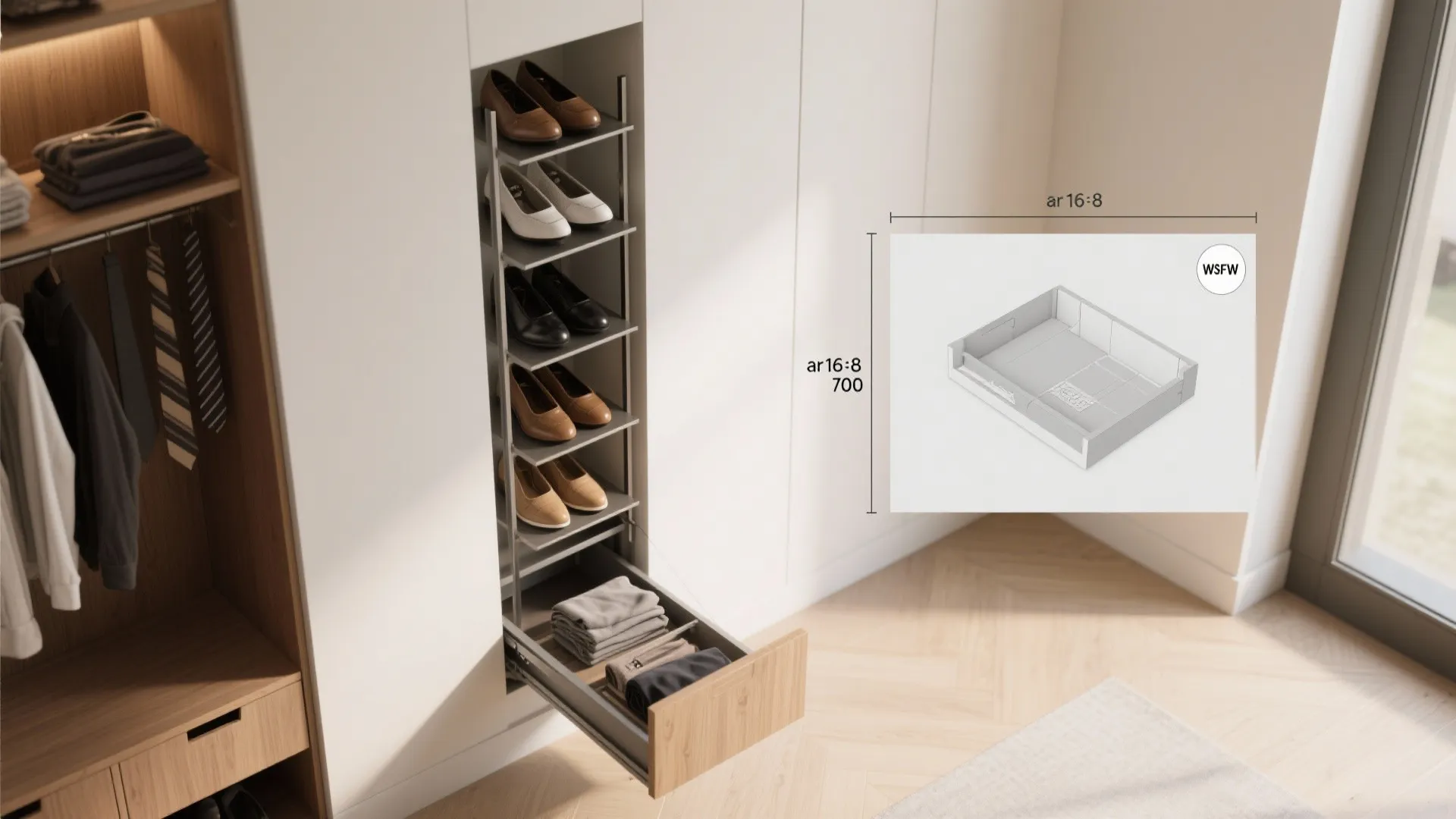 5. Pull-out vertical shoe & accessory towers with a 3D preview