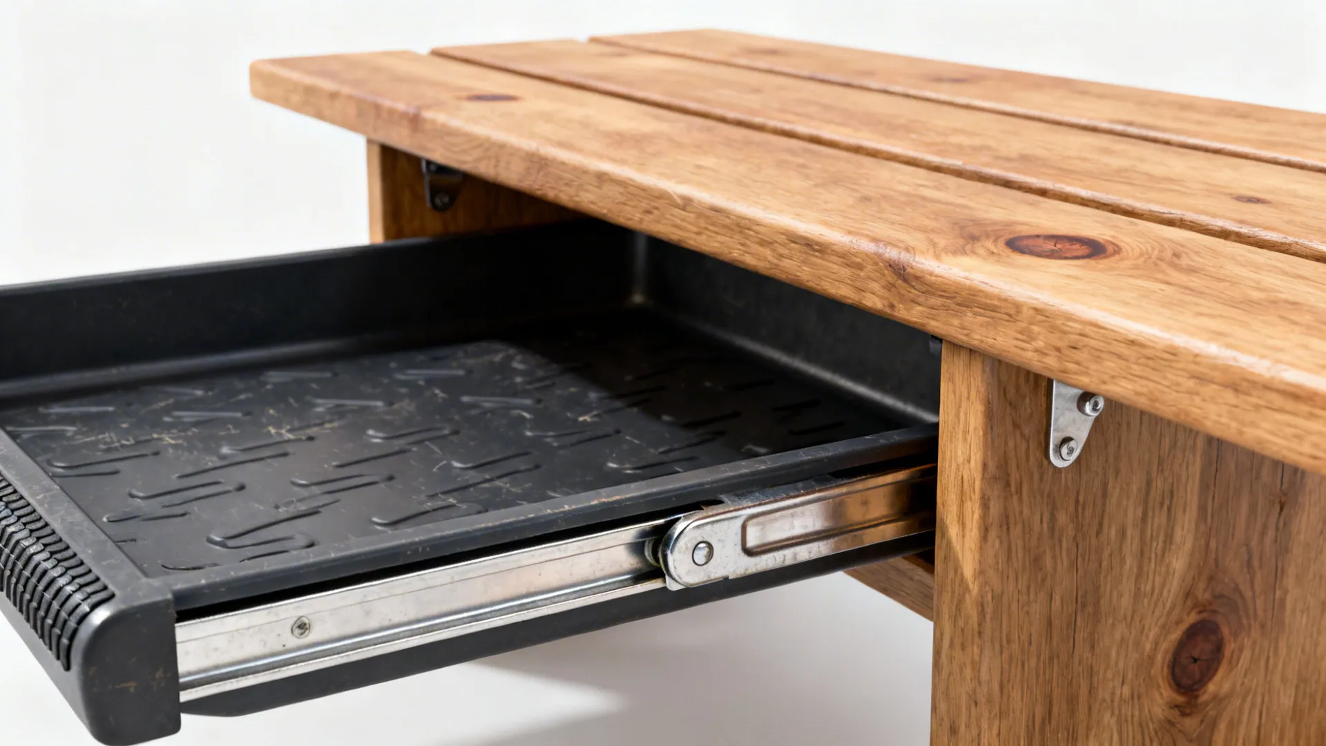 Macro of hidden shoe tray with waterproof liner and smooth glide hardware under a slim bench.
