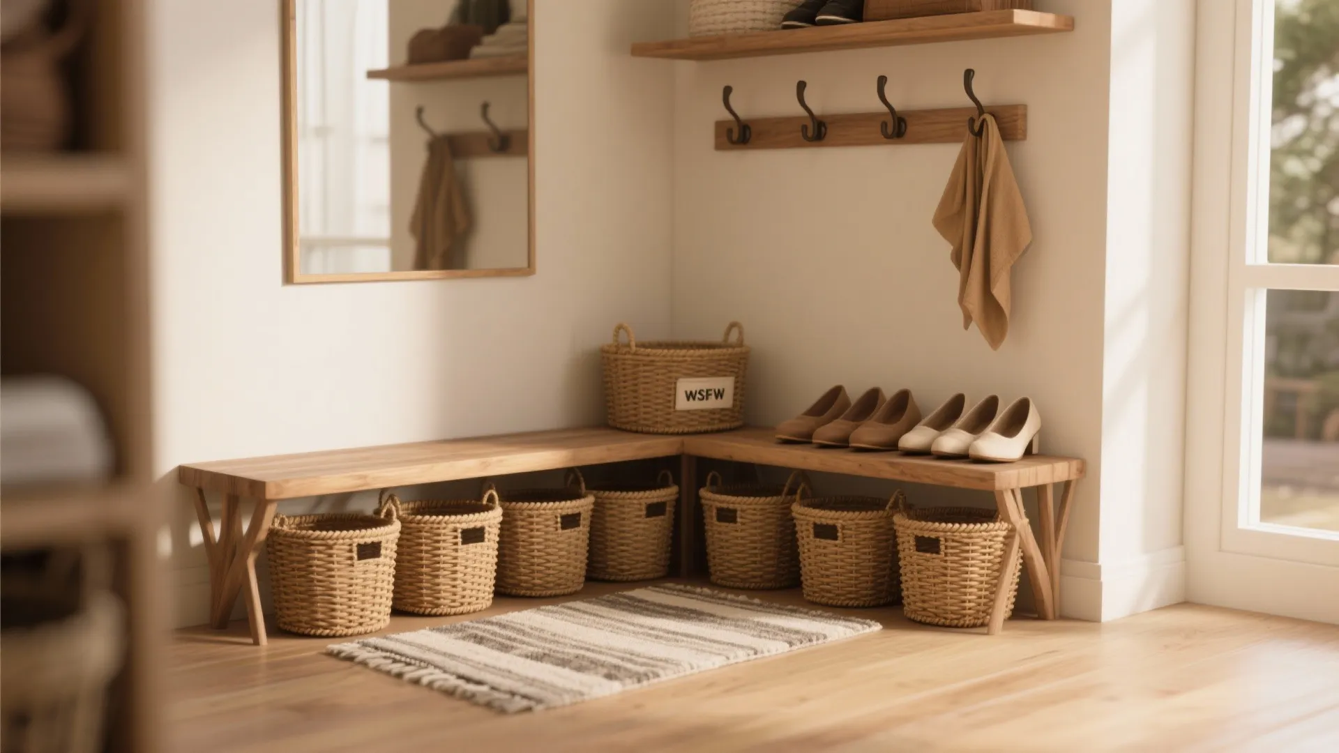 Macro detail of an organized shoe zone with uniform baskets, a small rug and wall hooks in warm lighting.