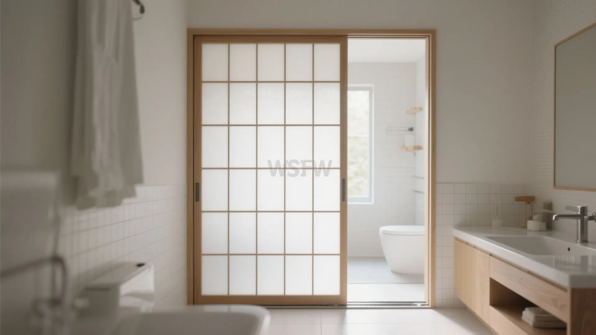Minimalist bathroom featuring a wooden frame sliding door with paper screen and light wood vanity cabinet