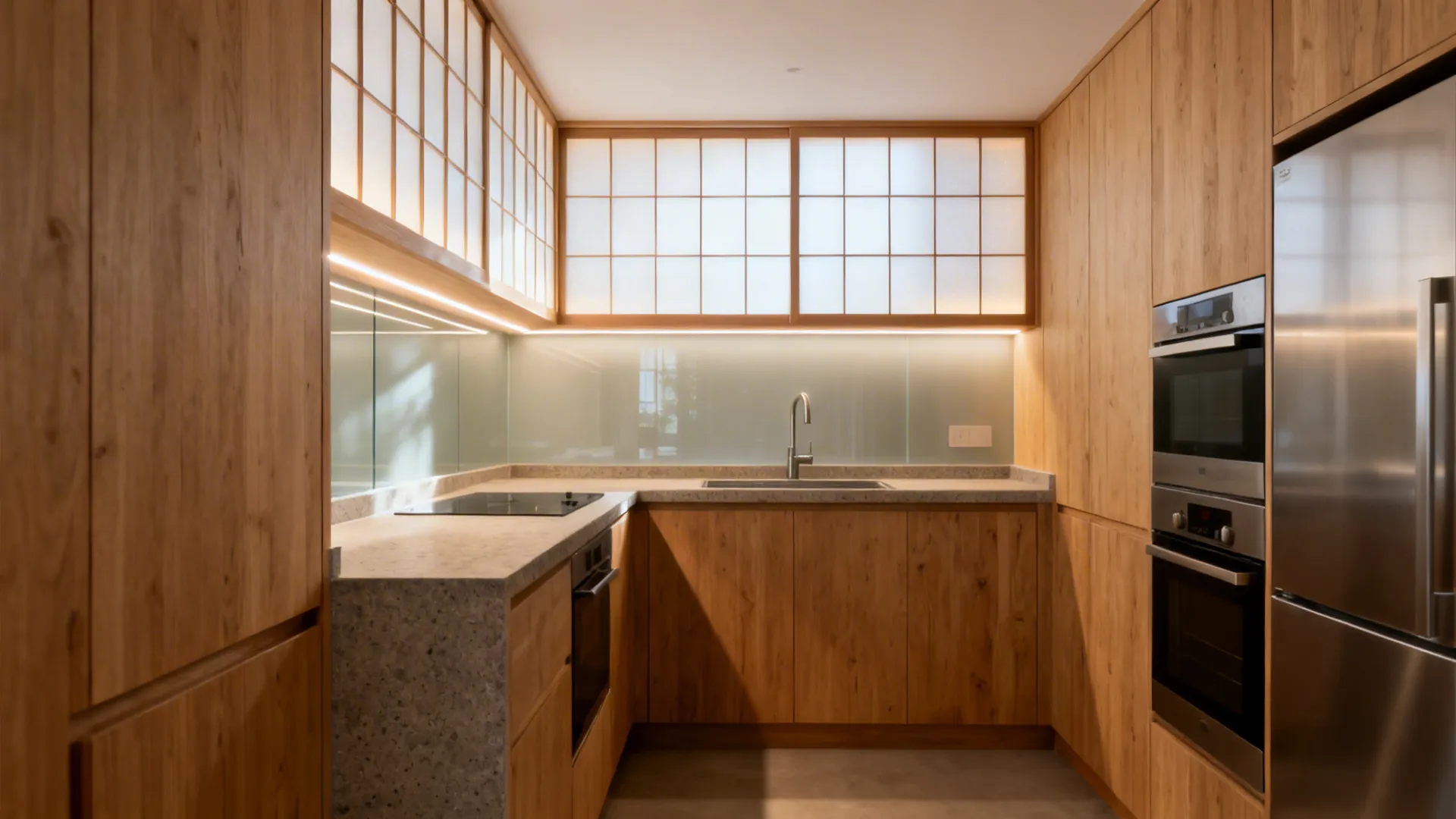 Small Japanese kitchen with a shoji-style translucent panel softly diffusing daylight.