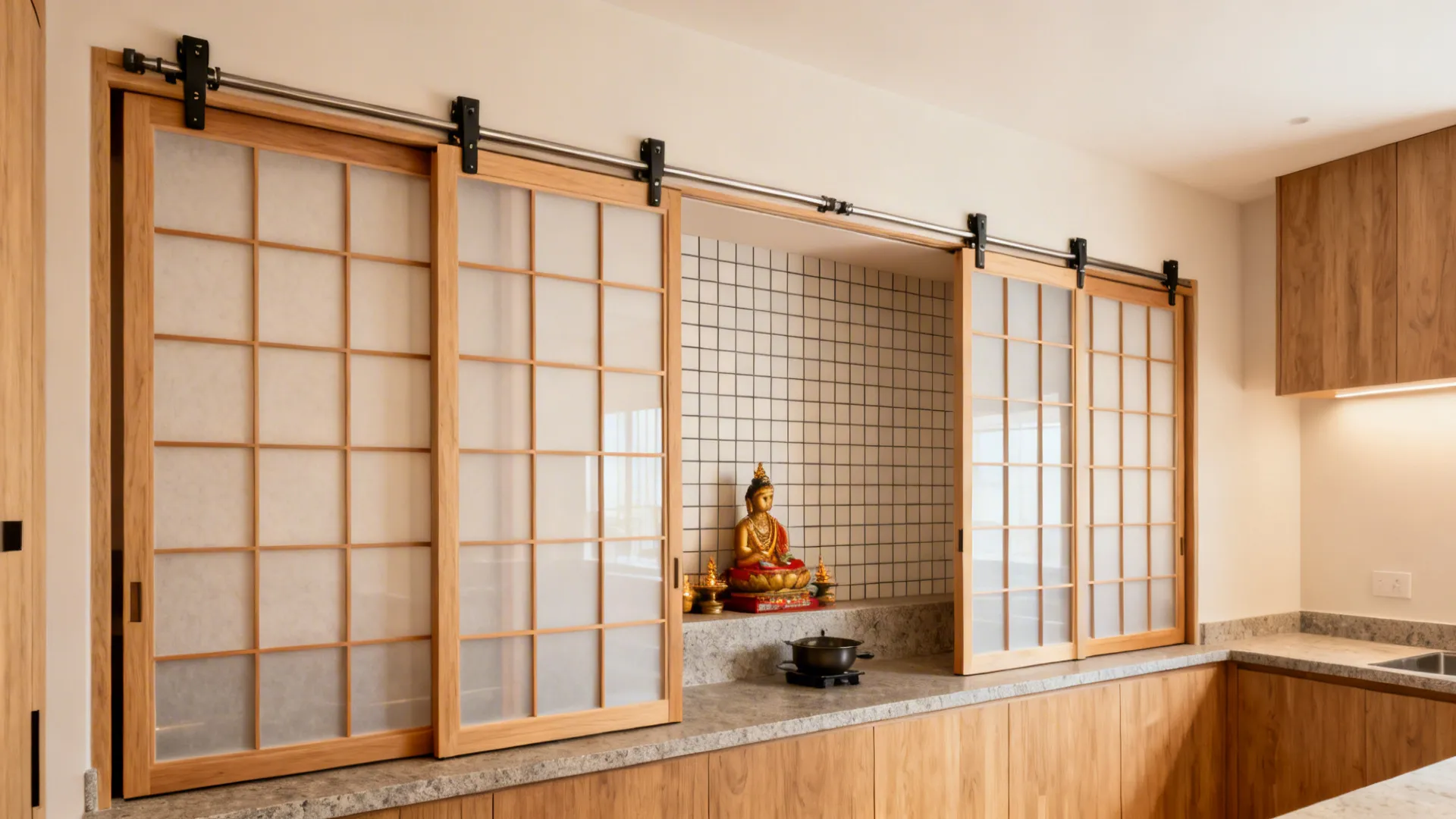 Wooden sliding doors with paper panels open to reveal a small gold statue on counter