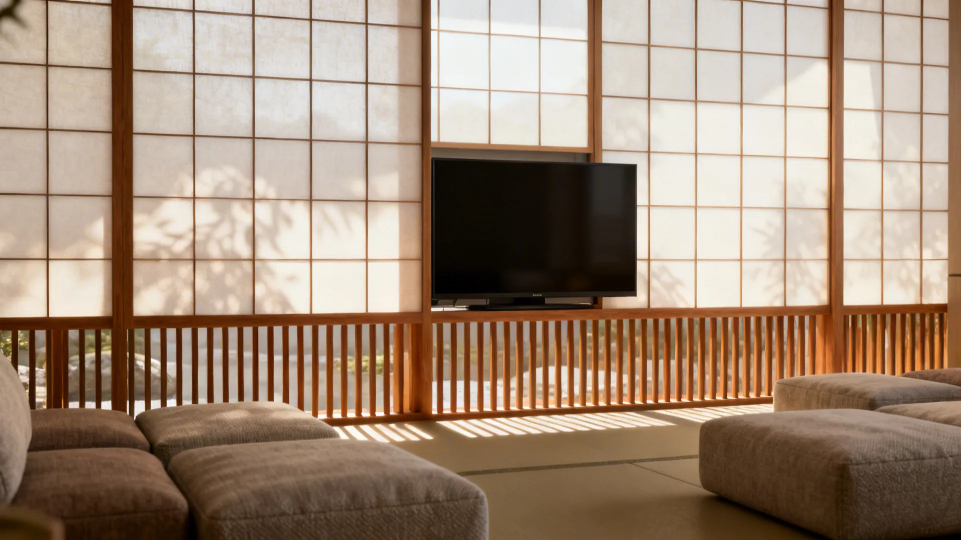 Sliding shoji-style panel hiding a TV in a zen lounge with diffused light