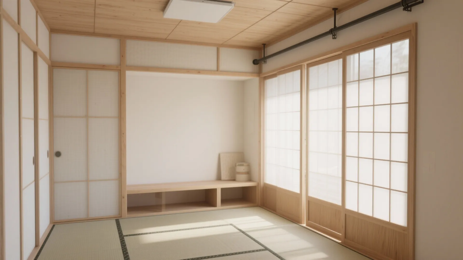Shoji-inspired translucent sliding panels in a small apartment, ash wood frames with polycarbonate rice paper