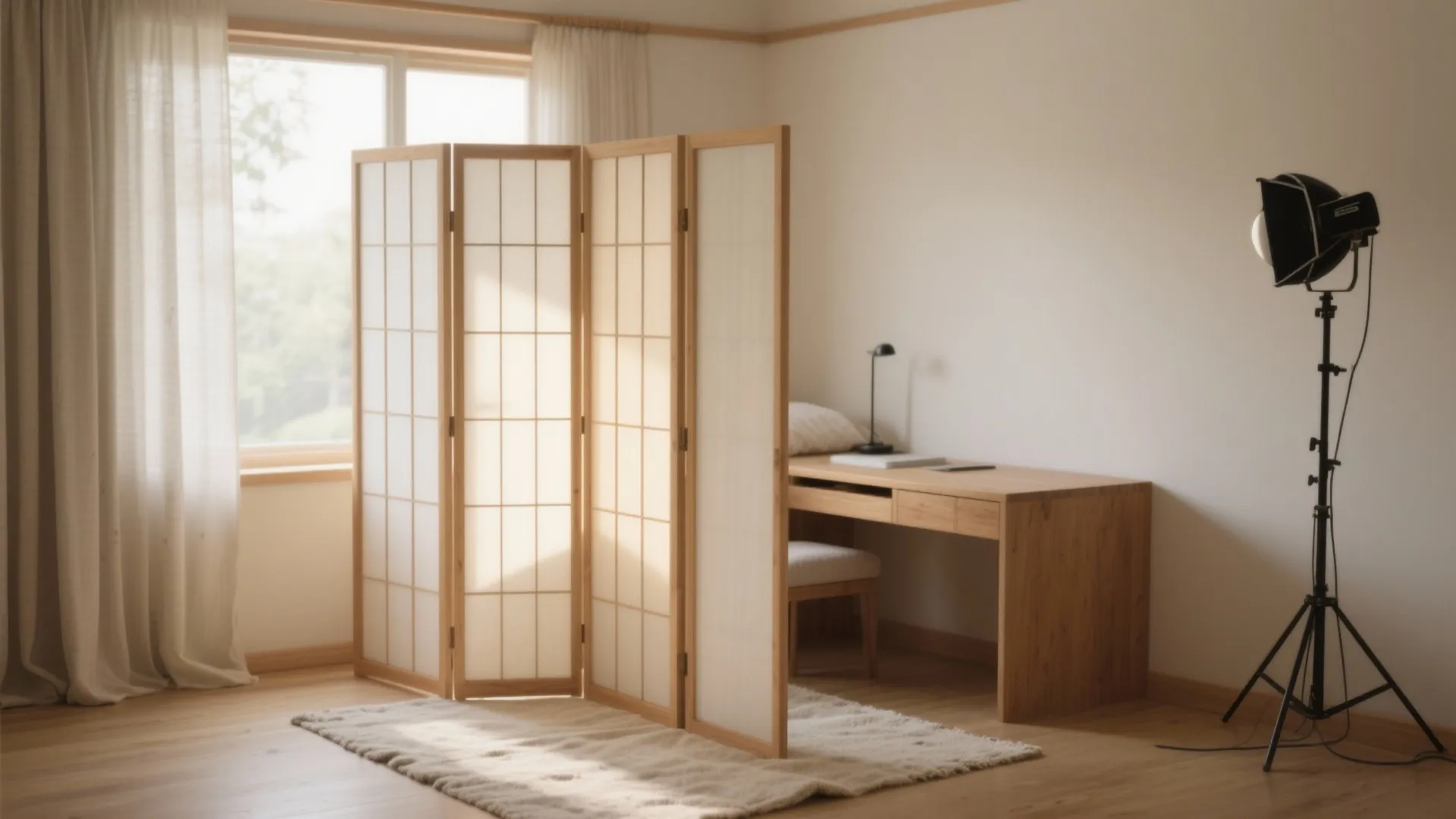 Minimalist room with a wooden folding room divider next to a desk and floor lamp