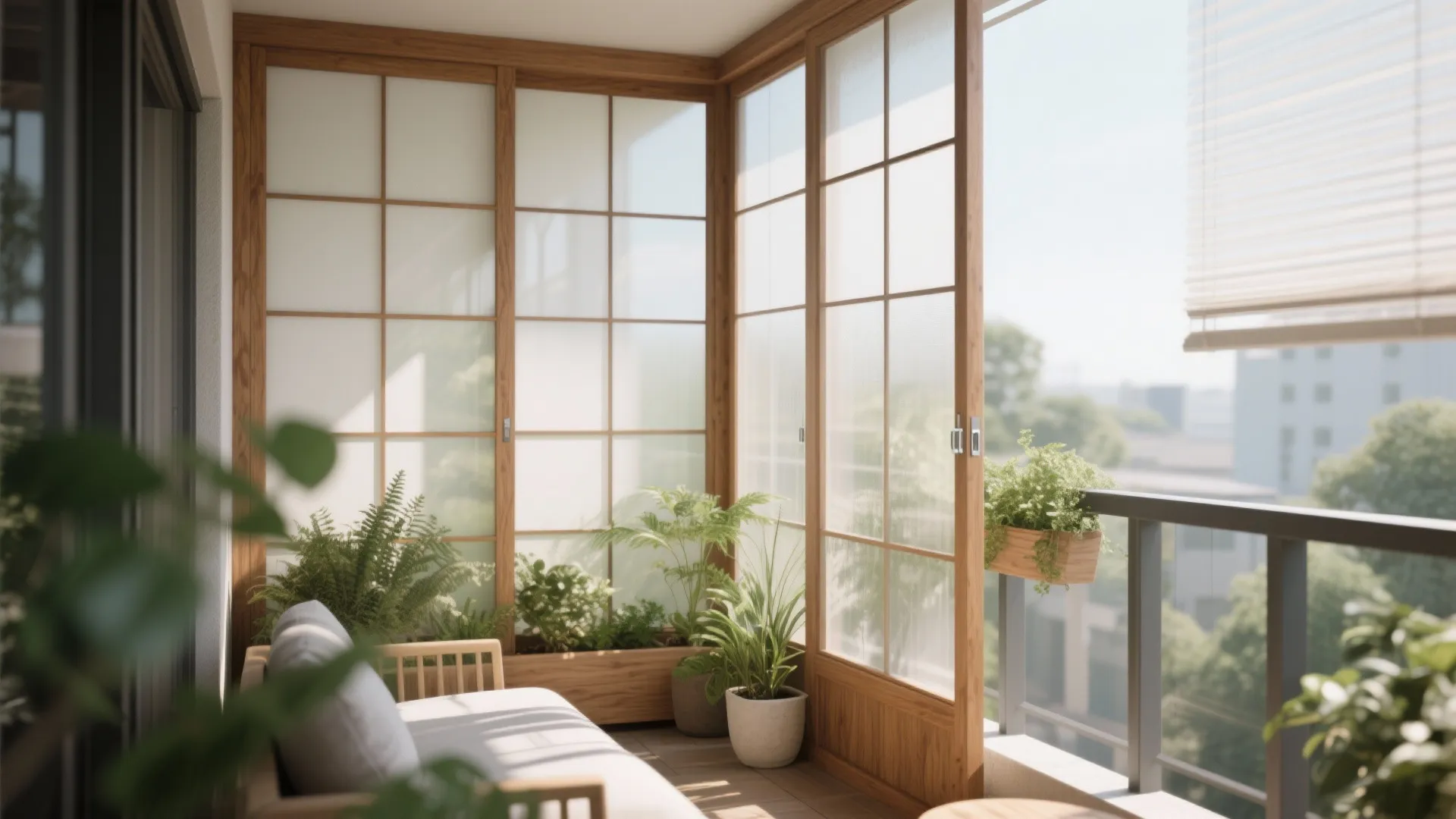 Shoji-inspired balcony panels with cedar frames and frosted polycarbonate, diffusing light for privacy.