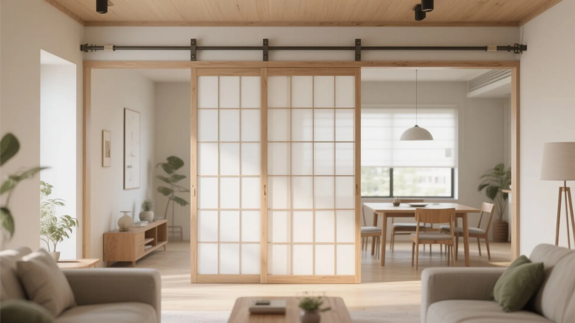 Sliding Shoji-Style Screen with Wood Grid