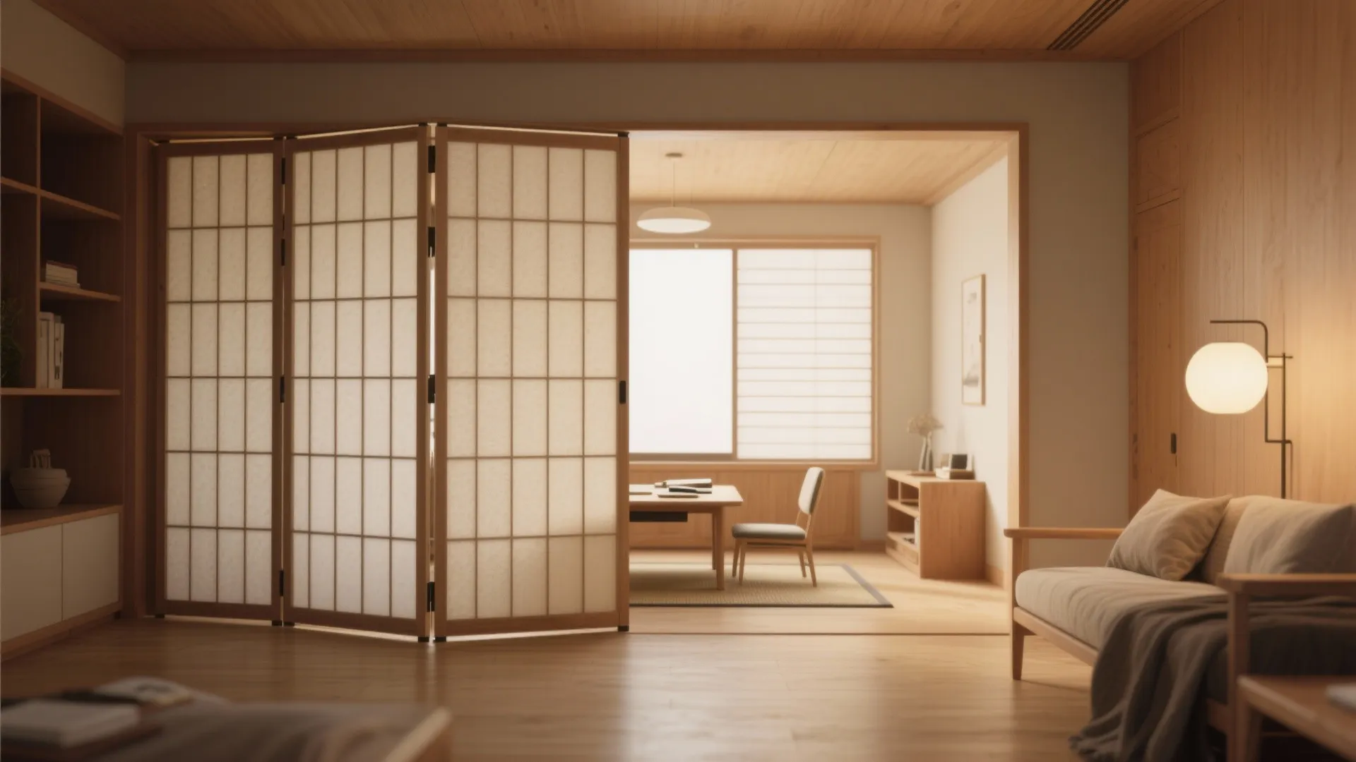 4. Foldable shoji or accordion screens for flexible zones