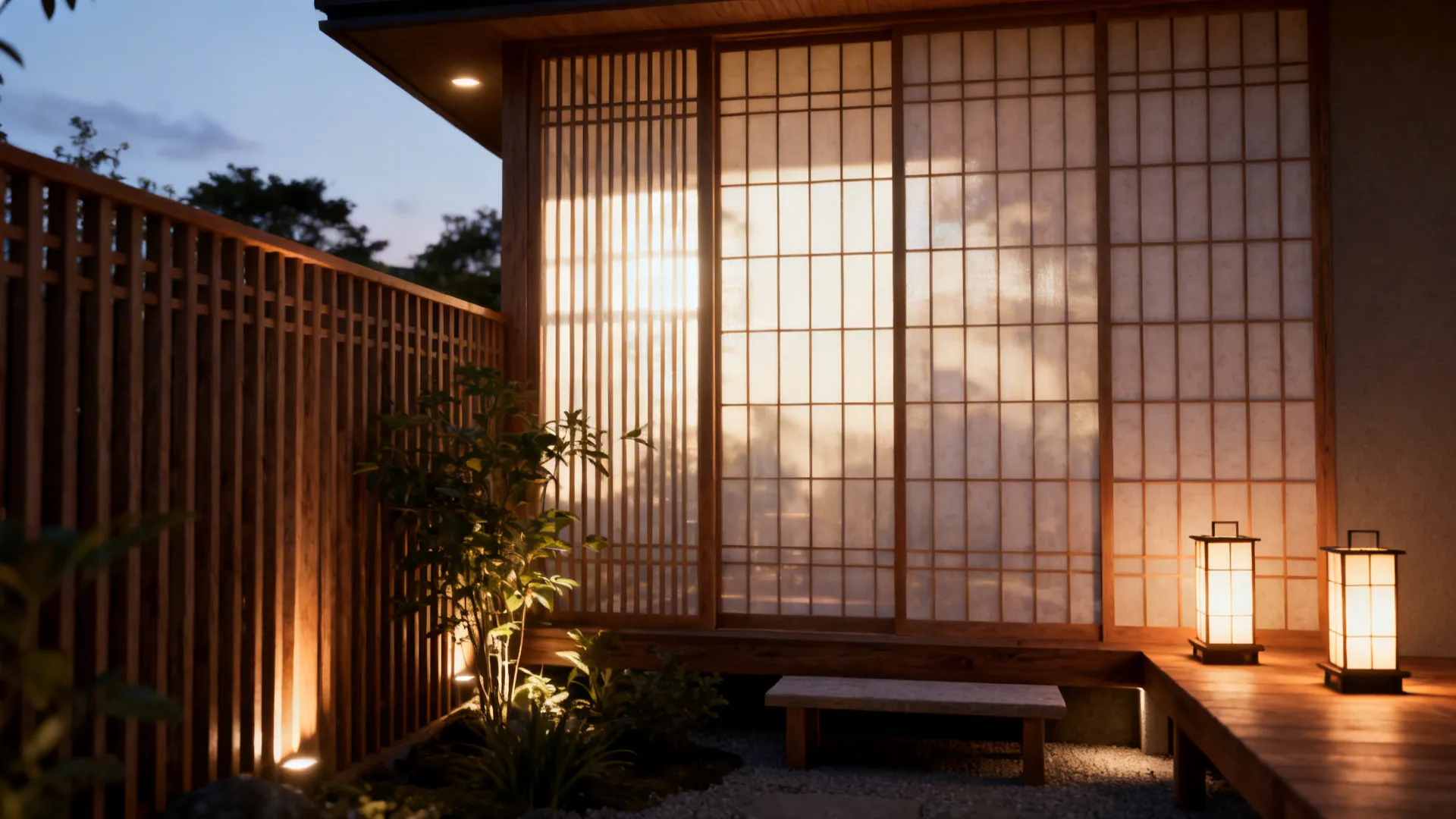 Patio with shōji-inspired screens and layered lantern lighting creating a warm atmosphere.