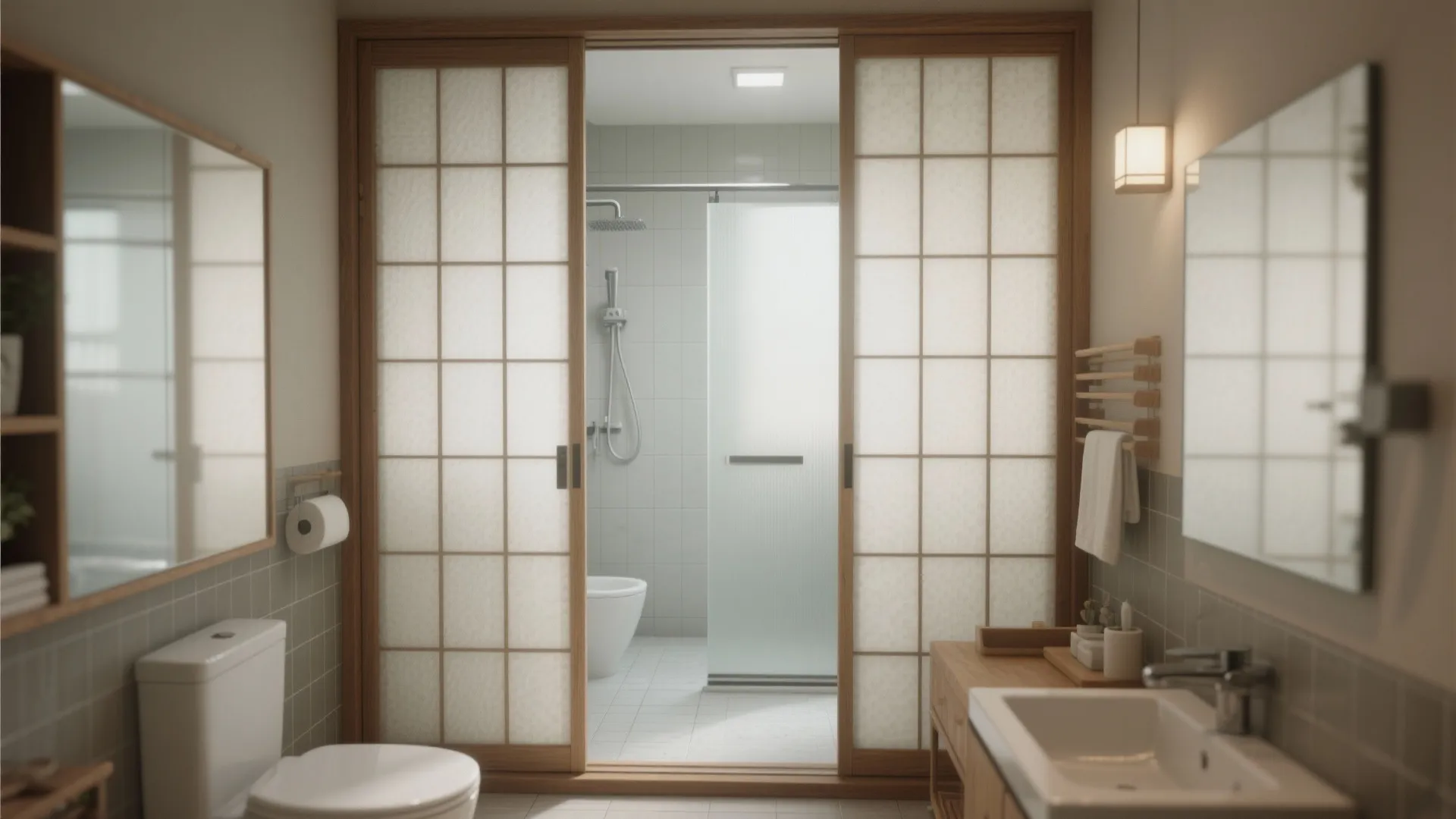Small bathroom with translucent shoji partition and sliding pocket door that separate wet and dry zones while keeping light.
