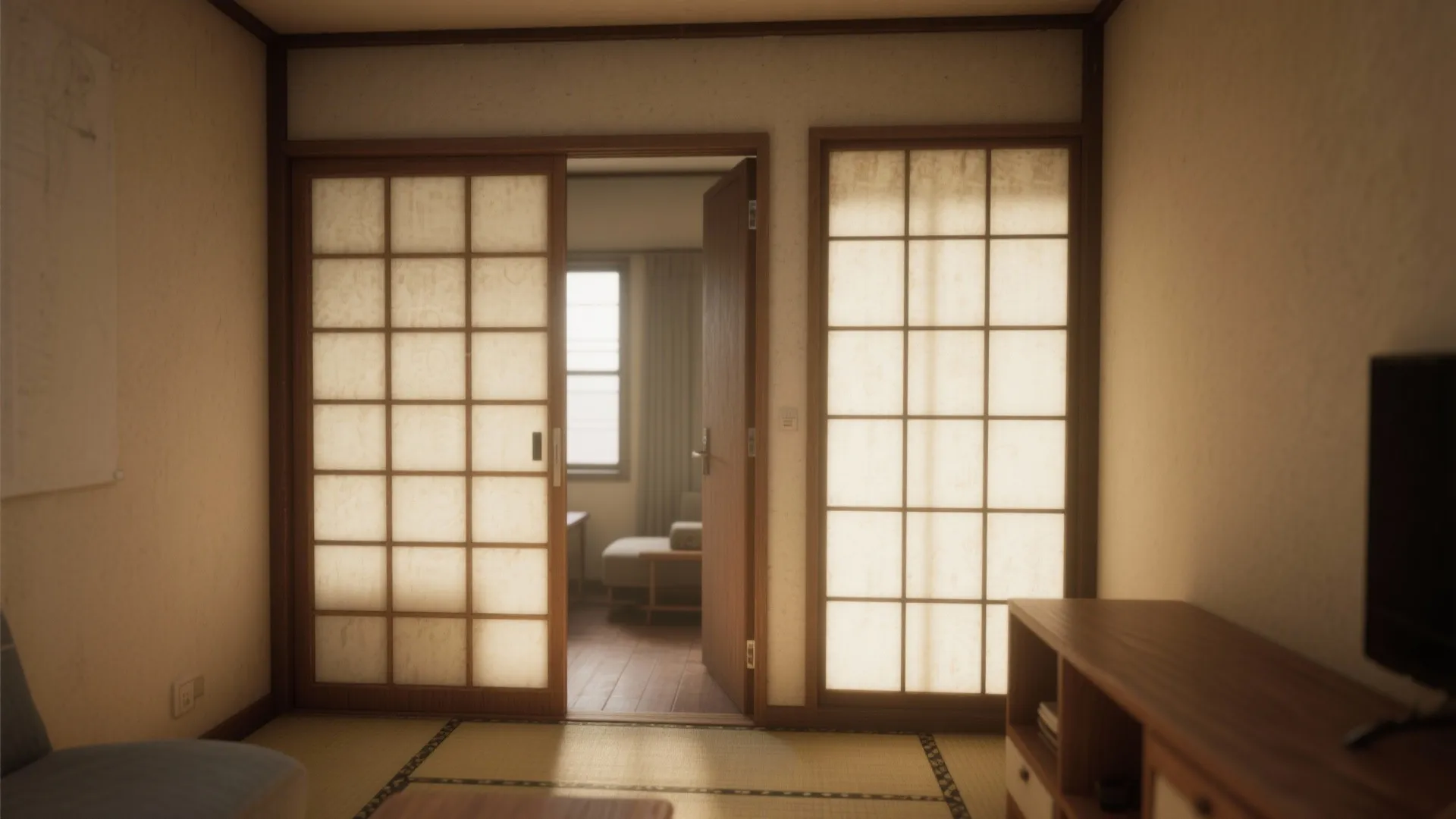 Traditional Japanese room with sliding paper doors wooden floors tatami mats and a soft warm glow