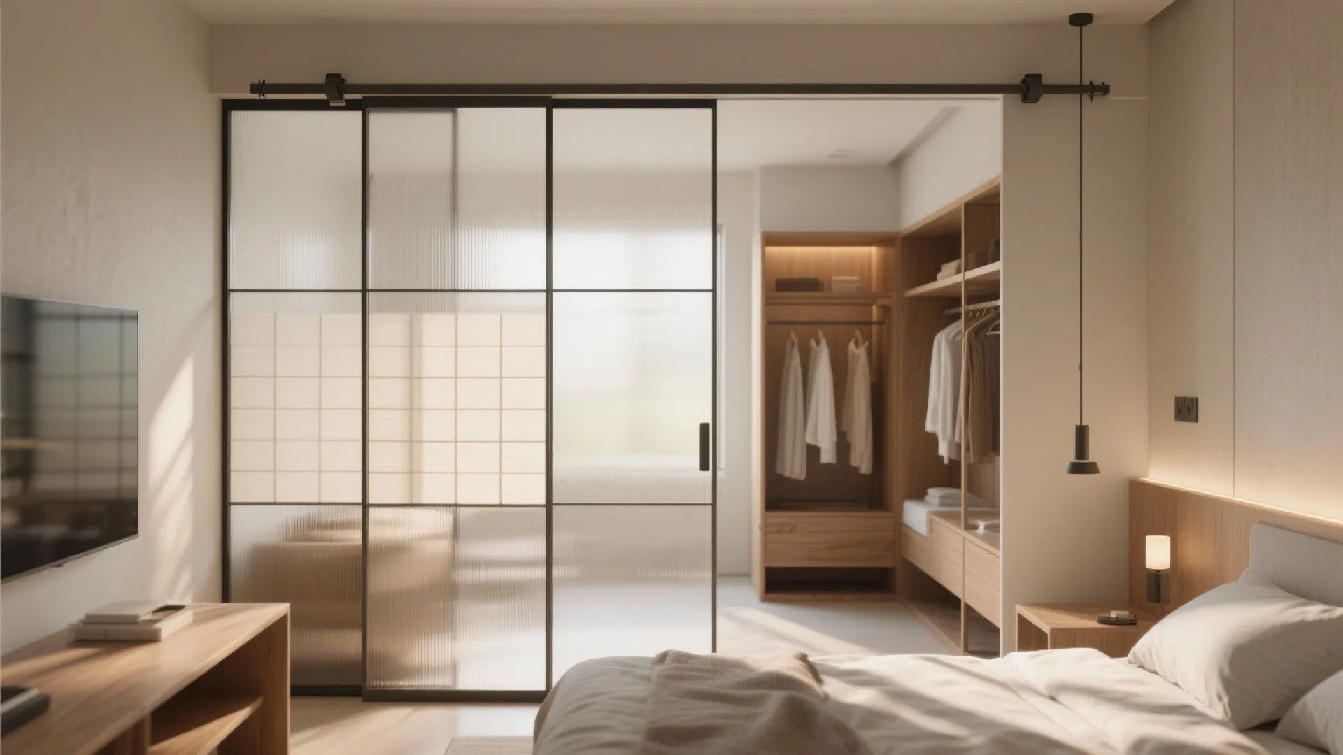 Modern bedroom featuring black frame glass sliding doors with walk in closet and white bedding