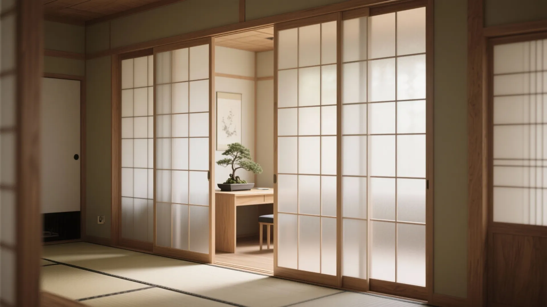 Shoji-inspired frosted acrylic sliding panels framing a compact desk and plant shrine