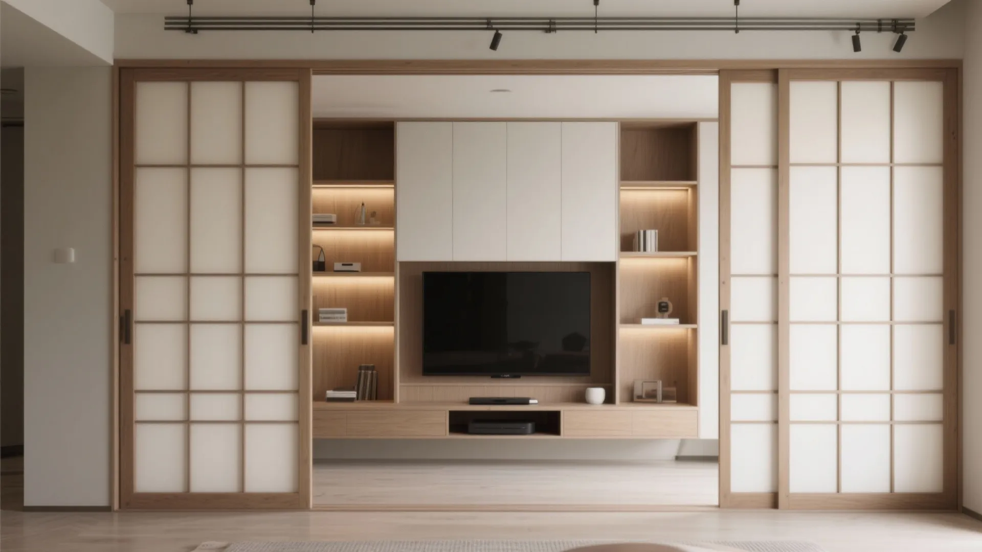 3. Built-in Storage Behind Shoji Panels