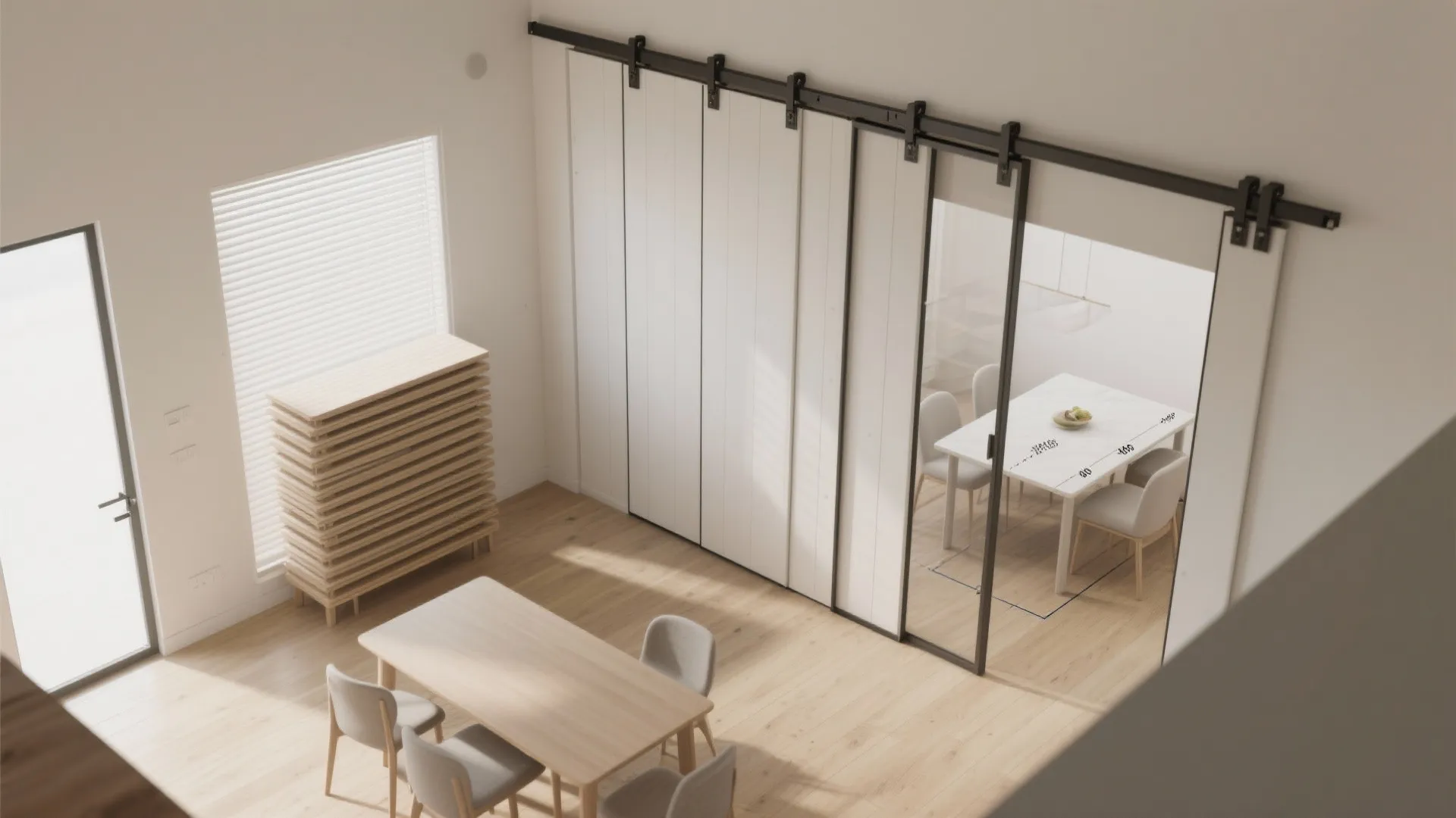 Modern white sliding doors separating a bright dining area and living room with wooden flooring