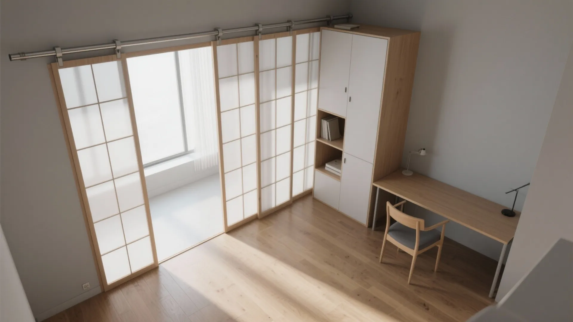 Minimalist room with wooden sliding doors and a simple desk setup on a wood floor