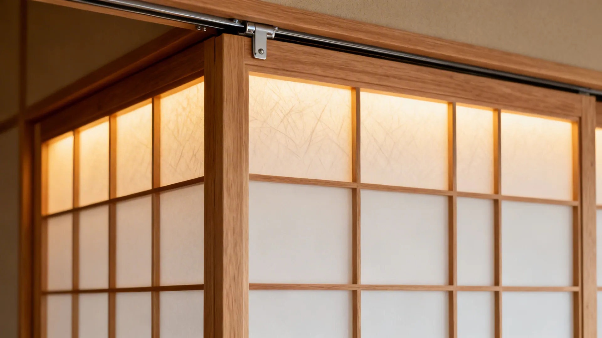 Close up of sliding wooden door with white paper panels and metal track on the top