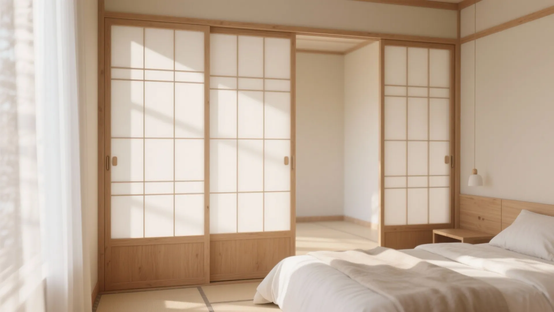 Japanese style bedroom with wooden sliding doors white bed sheets and soft natural sunlight indoors