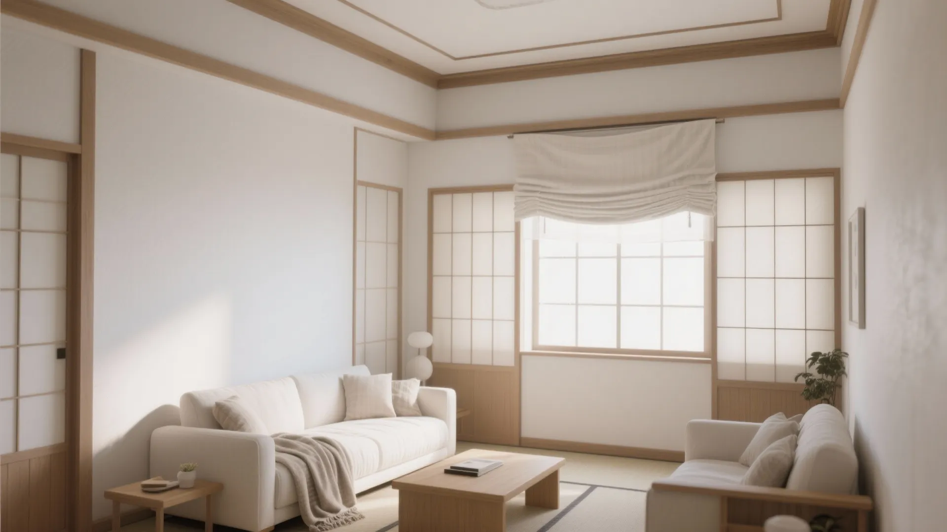 Minimalist Japanese style living room featuring white sofa, wooden coffee table, sliding paper doors, and sunlight