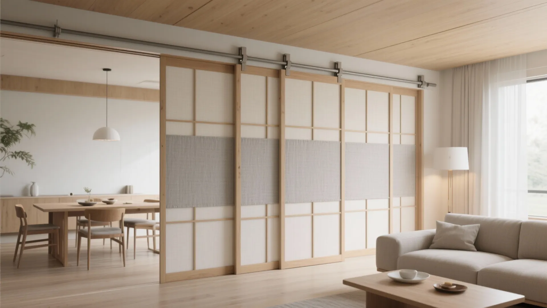 Minimalist living room with sliding wooden doors separating a dining room with table and light