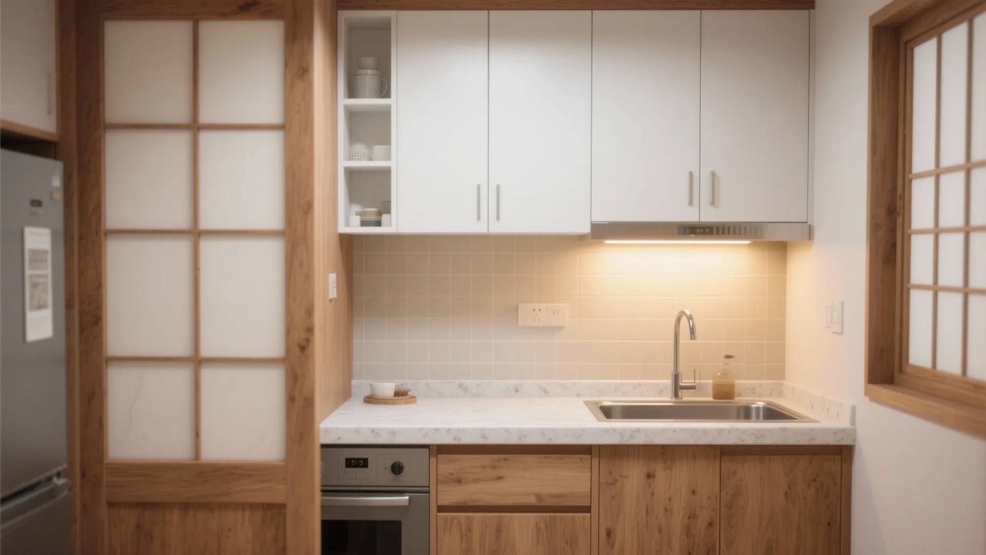 2. Combine shoji white with natural wood tones