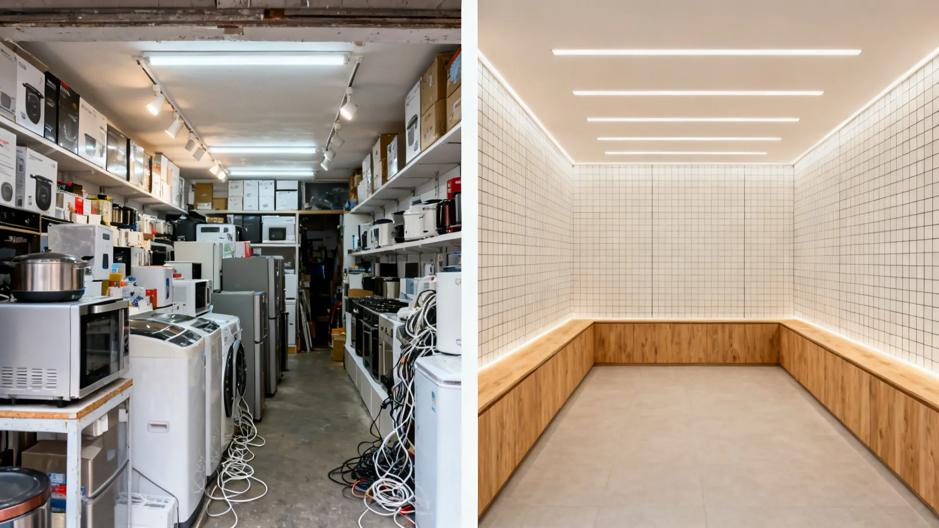 Before and after comparison of a messy appliance shop versus a clean minimalist modern store