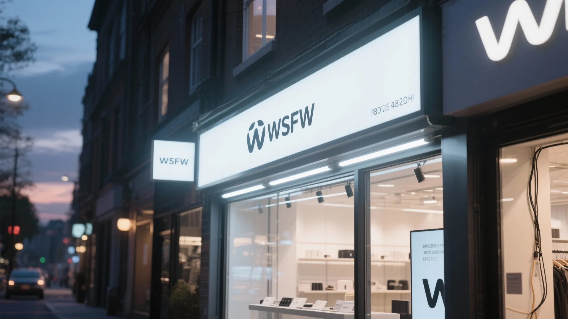 Modern retail shop front with glowing light board sign at night showing white clothes interior