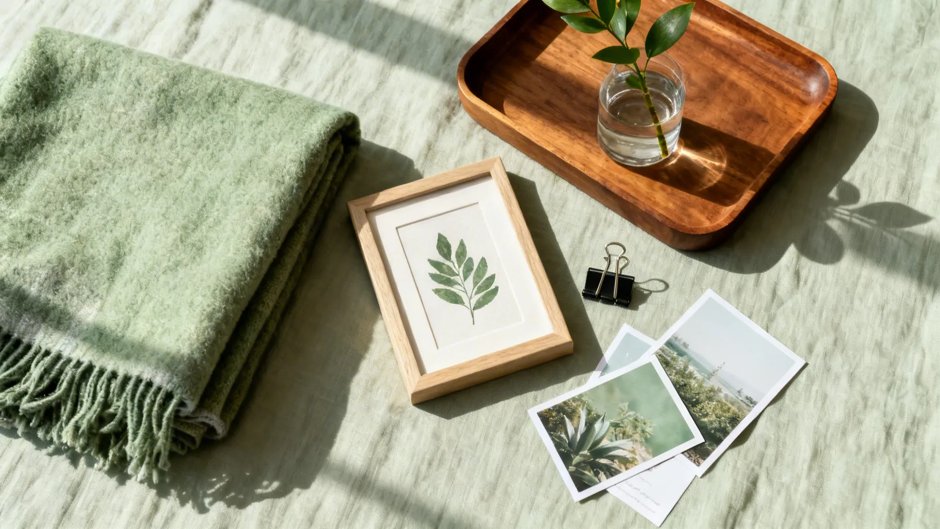Flat lay of neutral textiles, a tray, clips, postcards, and a plant cutting in water.