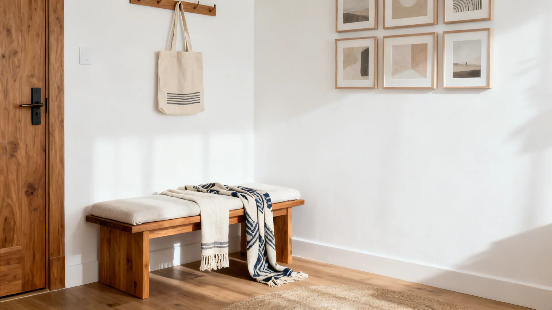 Re-curated corner with tote bag as art, scarf runner, and gallery grid in cohesive whites and wood.