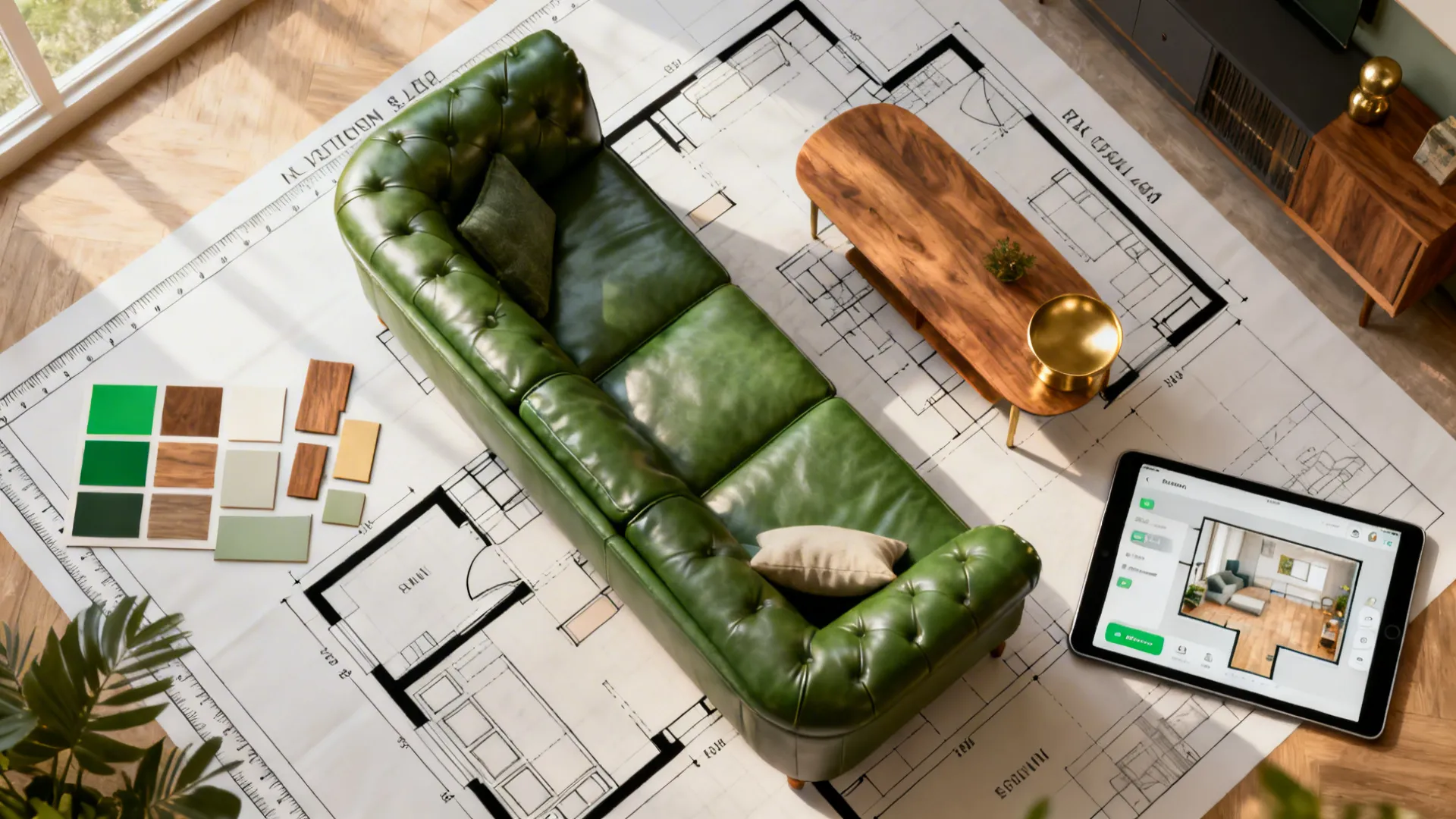 Interior design drawing showing green sofa wooden table color samples and tablet with room app