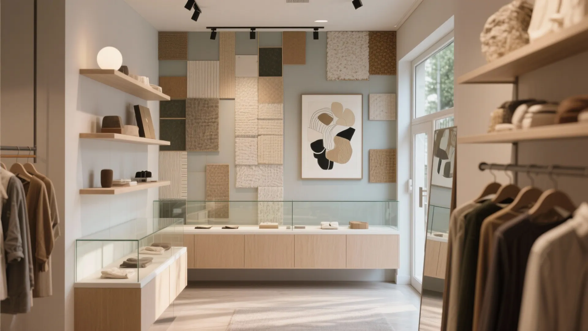 Retail clothing store interior design with wooden shelves wall panels glass counters and ceiling lights