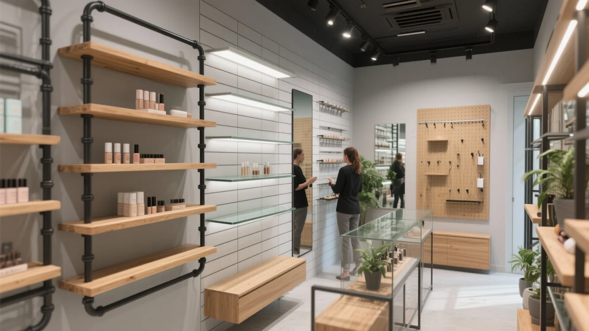 Modern retail shop interior with wooden shelves, glass display cases, and customers looking at cosmetics