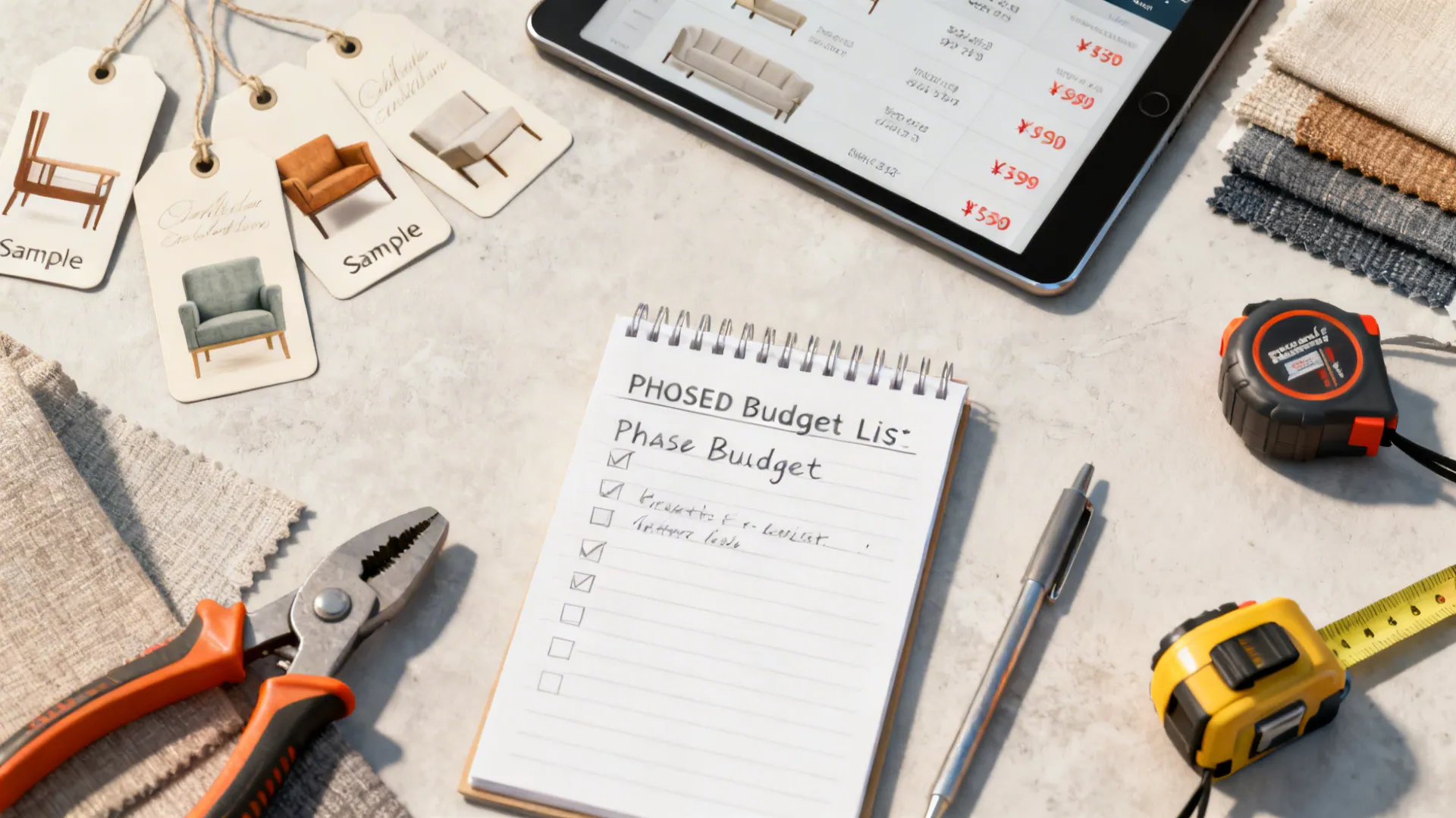 Overhead shopping and budgeting flatlay with price estimates, swatches, measuring tape, and toolkit for room planning.