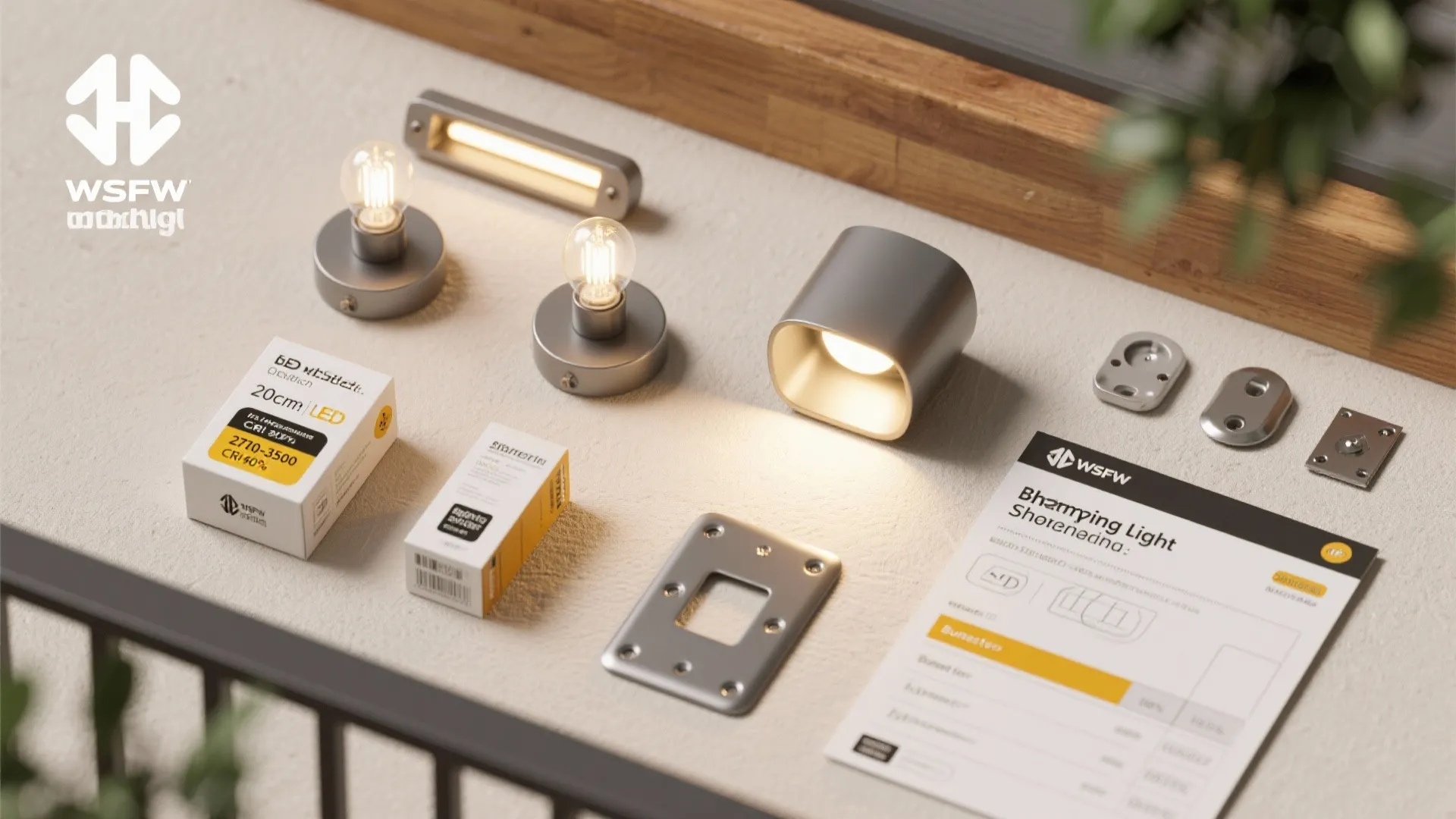 Collection of various wall light components bulbs and an instruction paper on a light surface